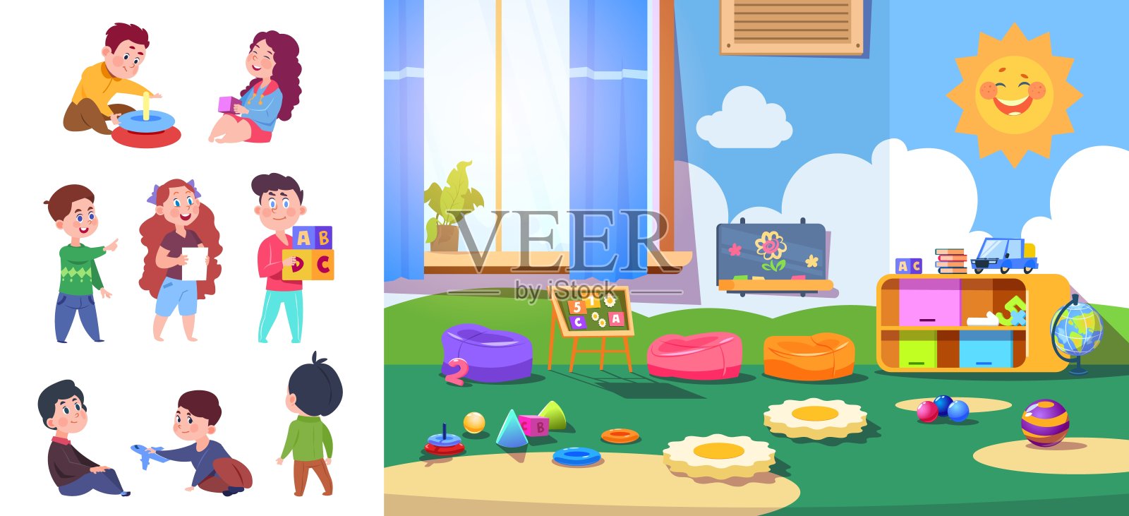 幼儿园的孩子。宝宝，学龄前儿童的角色。儿童区室内或房间的小人。卡通幼儿矢量束插画图片素材