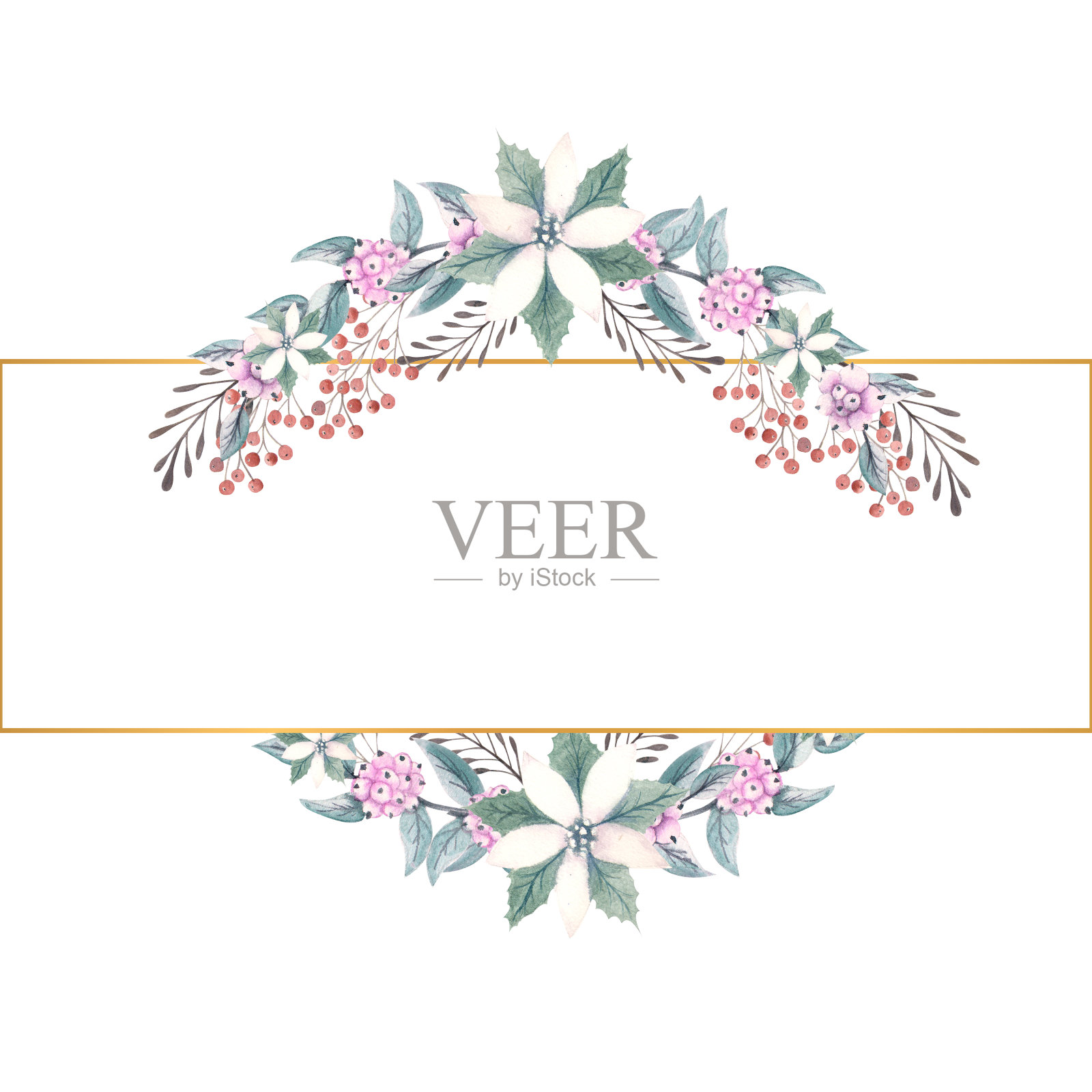 冬季水彩画在一个金色的矩形框架与小枝的雪浆果和一品红花。手绘插图。用于请柬、贺卡、印刷品、海报、广告插画图片素材