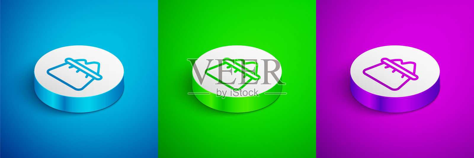 面粉袋图标孤立在蓝色，绿色和紫色的背景。白色的圆按钮。向量图标素材