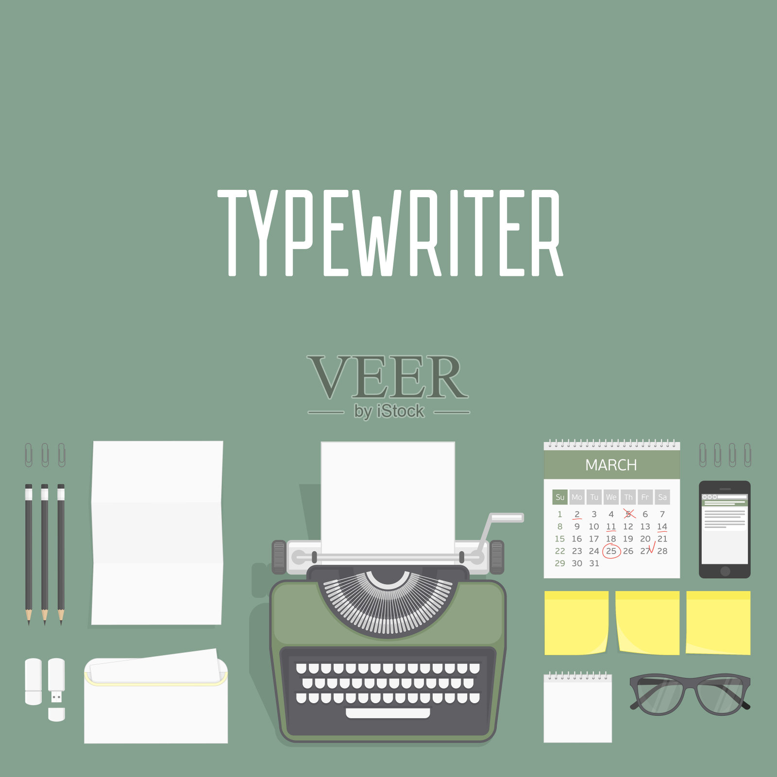 工作场所打字机的俯视图。插画图片素材