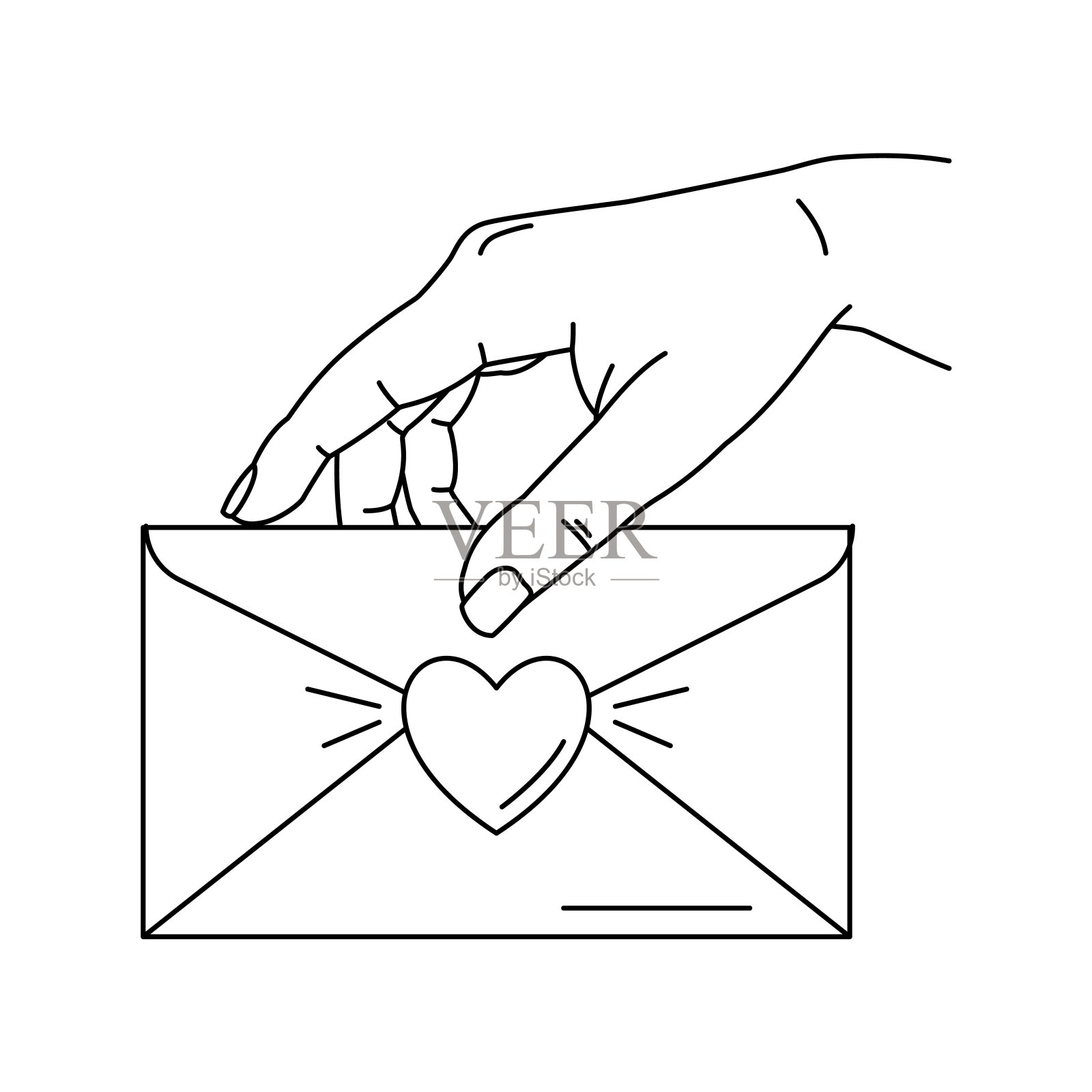 手持情书信封矢量插图：线条艺术，情人节设计或婚礼邀请函插画图片素材