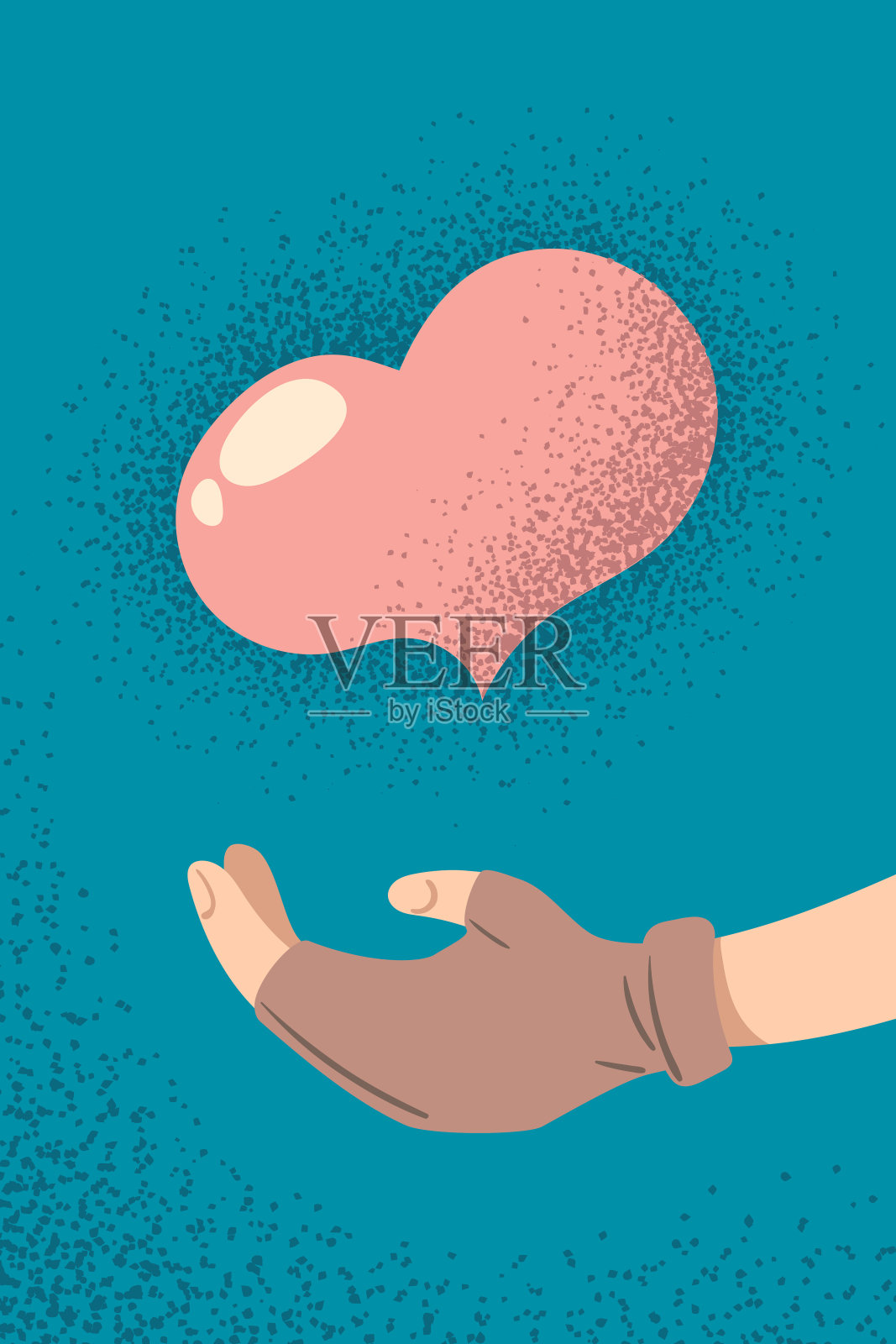 情人节贺卡，用心和手。复古的情人节明信片。中性情人节插图。2月14日浪漫约会派对邀请。爱情告白牌插画图片素材