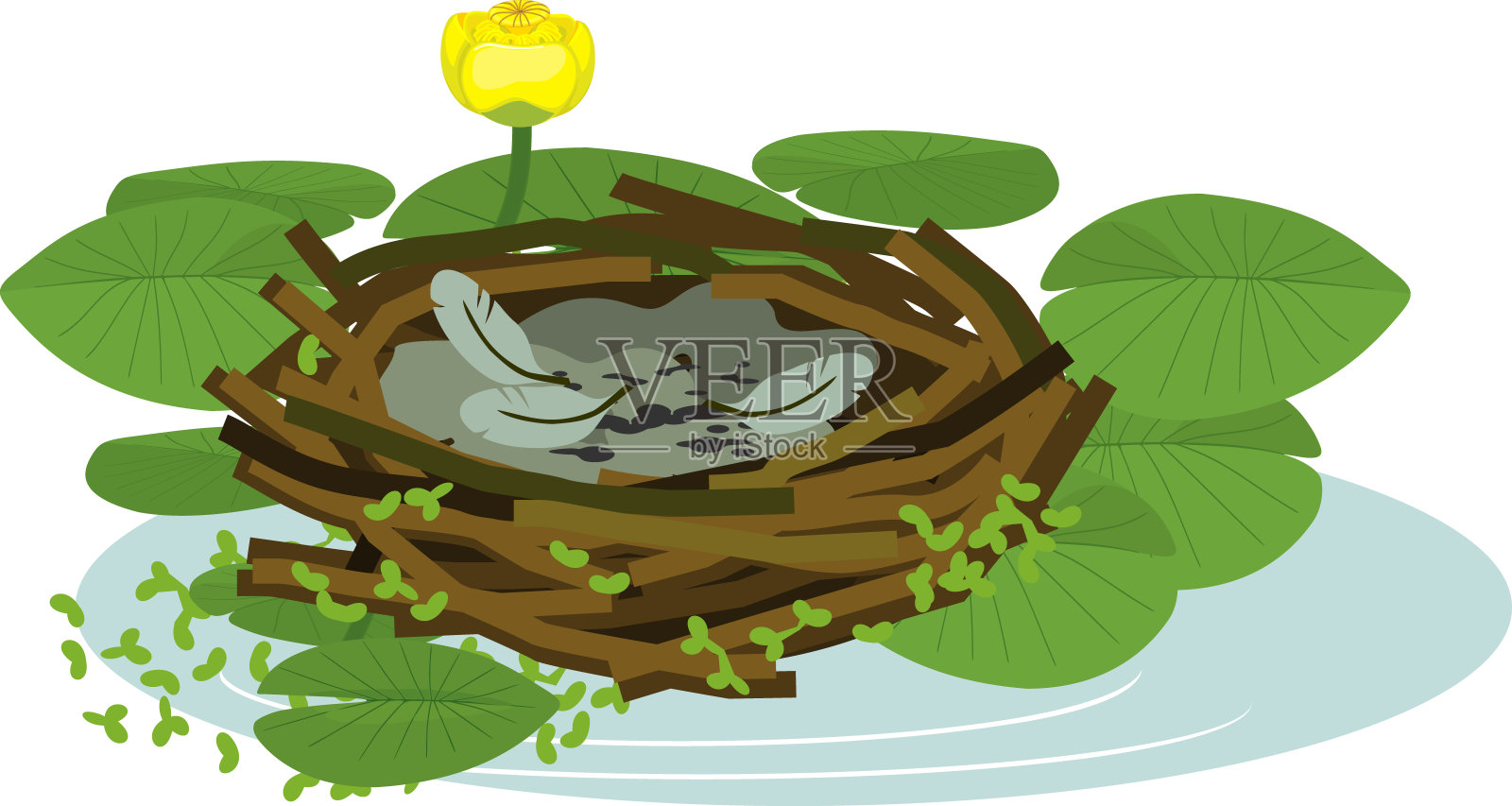 卡通的空鸟巢和黄色的荷花绿叶黄花插画图片素材