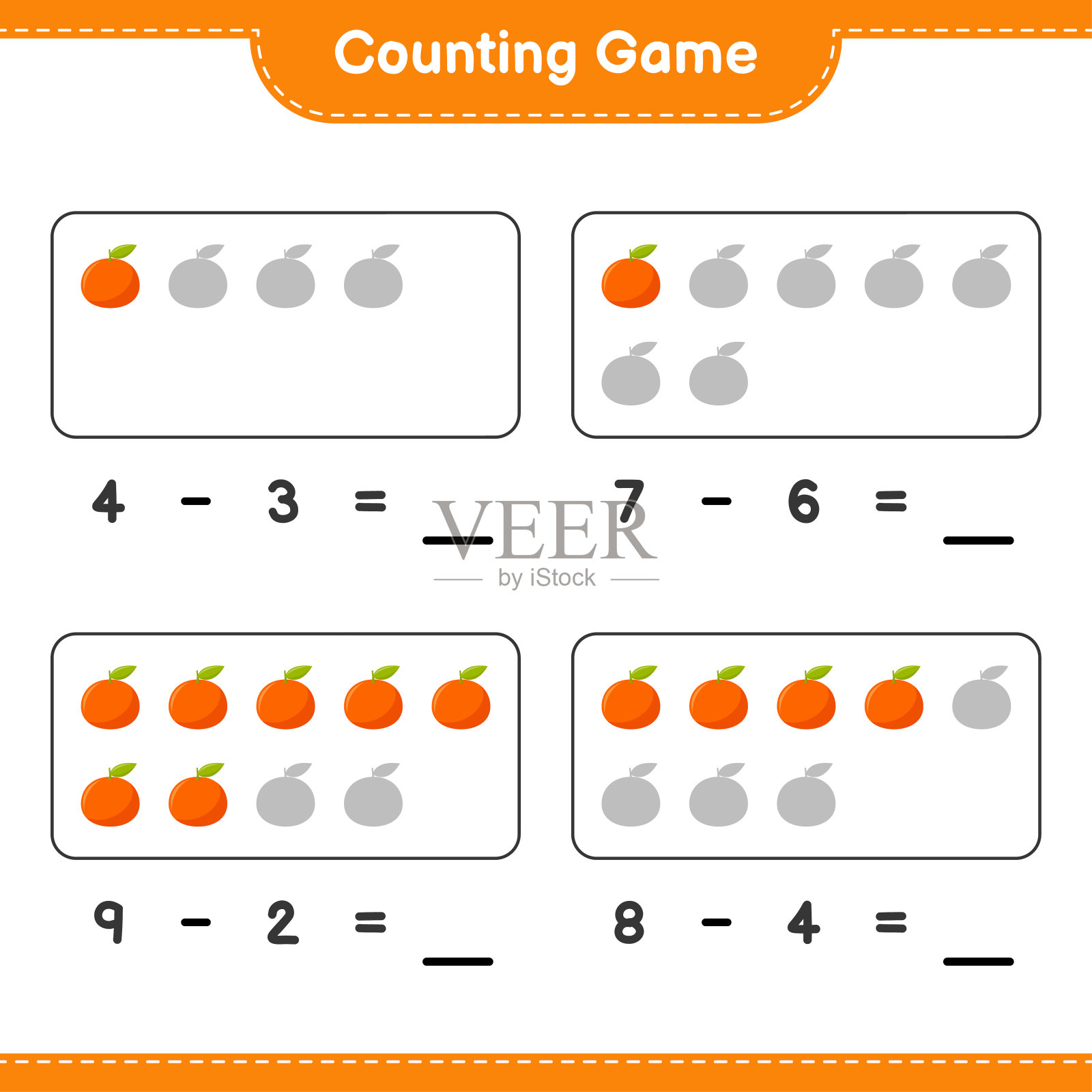 数数游戏，数数Tangerin的数量并写出结果。教育儿童游戏，可打印的工作表，矢量插图插画图片素材