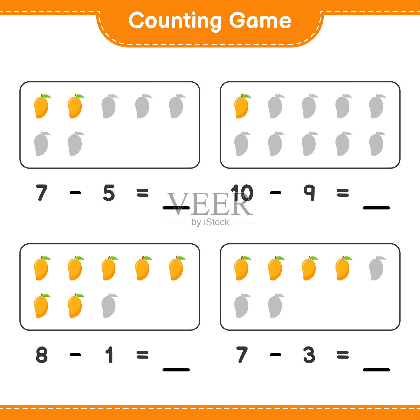 数数游戏，数数芒果的数量并写出结果。教育儿童游戏，可打印的工作表，矢量插图插画图片素材