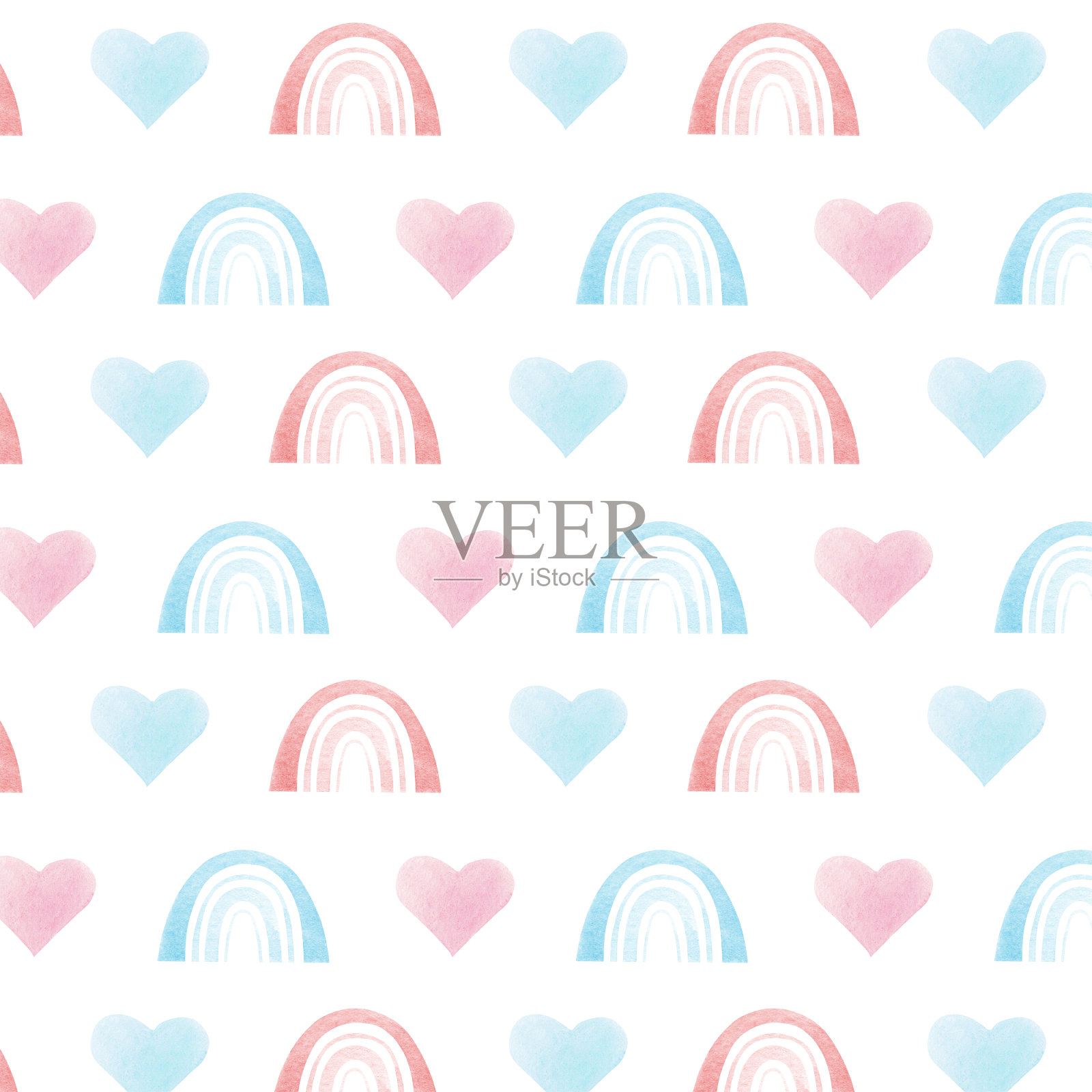 水彩无缝图案彩虹和心粉背景。粉色和蓝色的孩子彩虹心。彩虹宝贝数码纸插画图片素材
