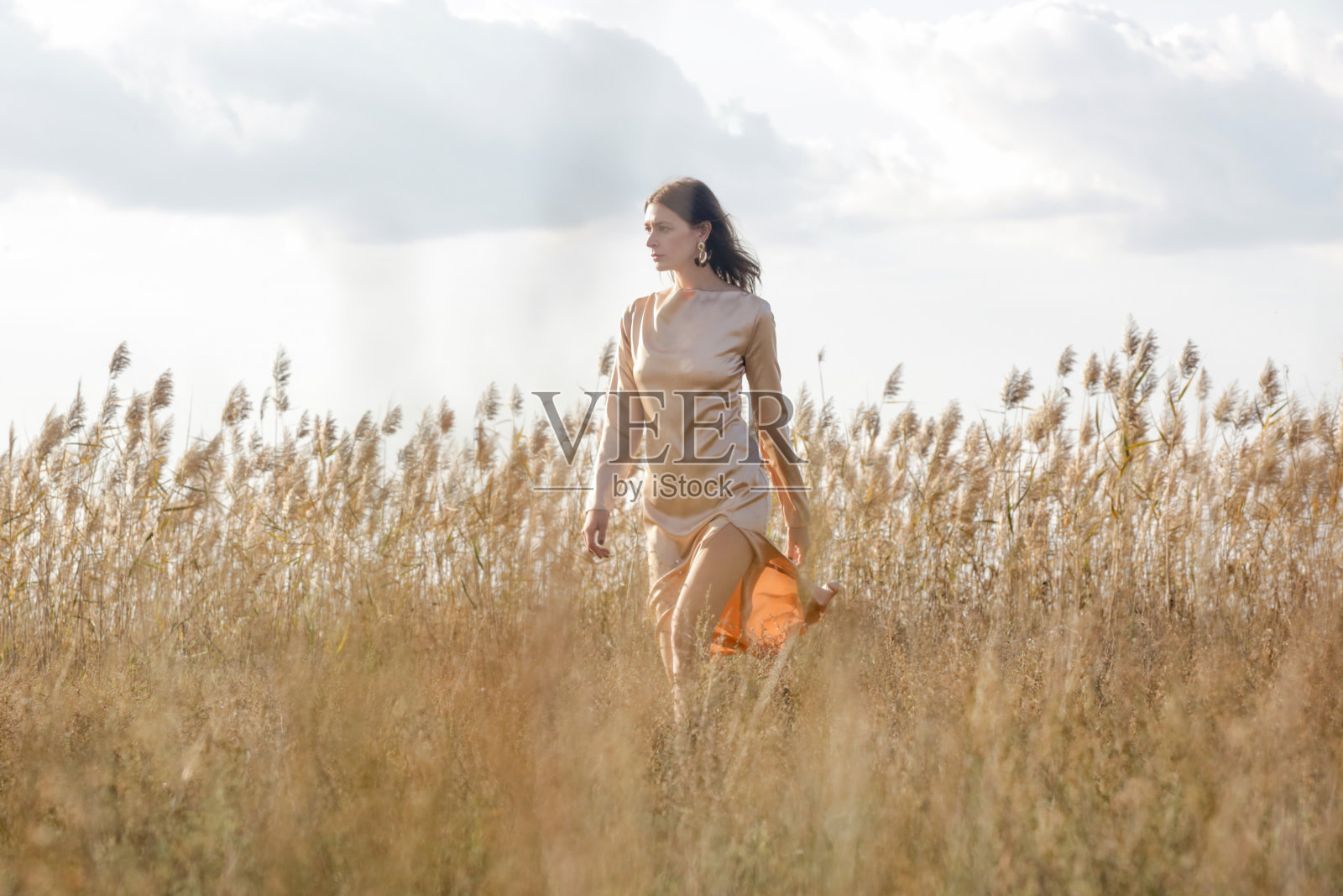 时尚的户外肖像女人在米色丝绸缎长连衣裙。照片摄影图片