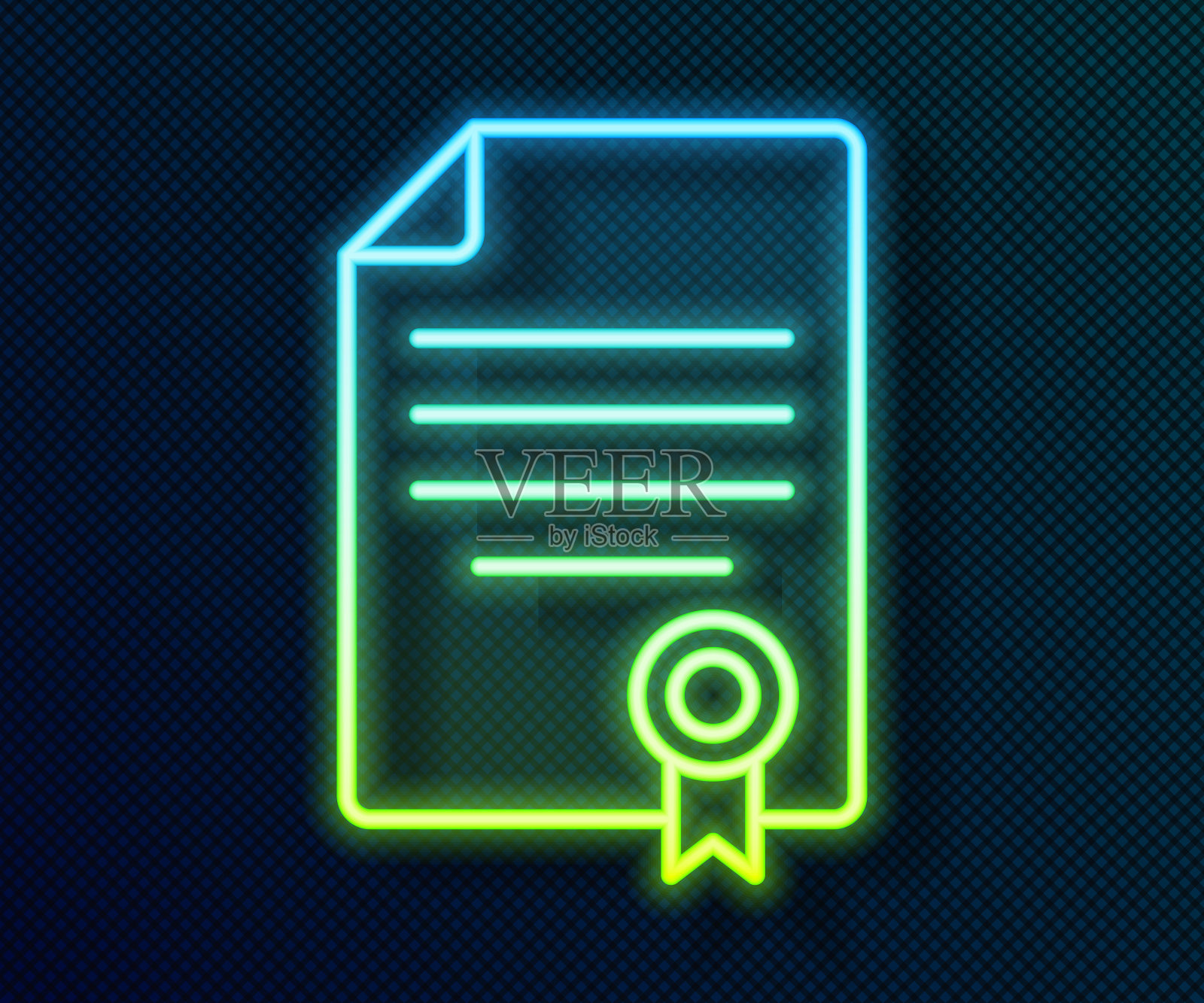 发光的霓虹灯线房子合同图标孤立在黑色背景。订立合约、文件及申请表格。向量插画图片素材