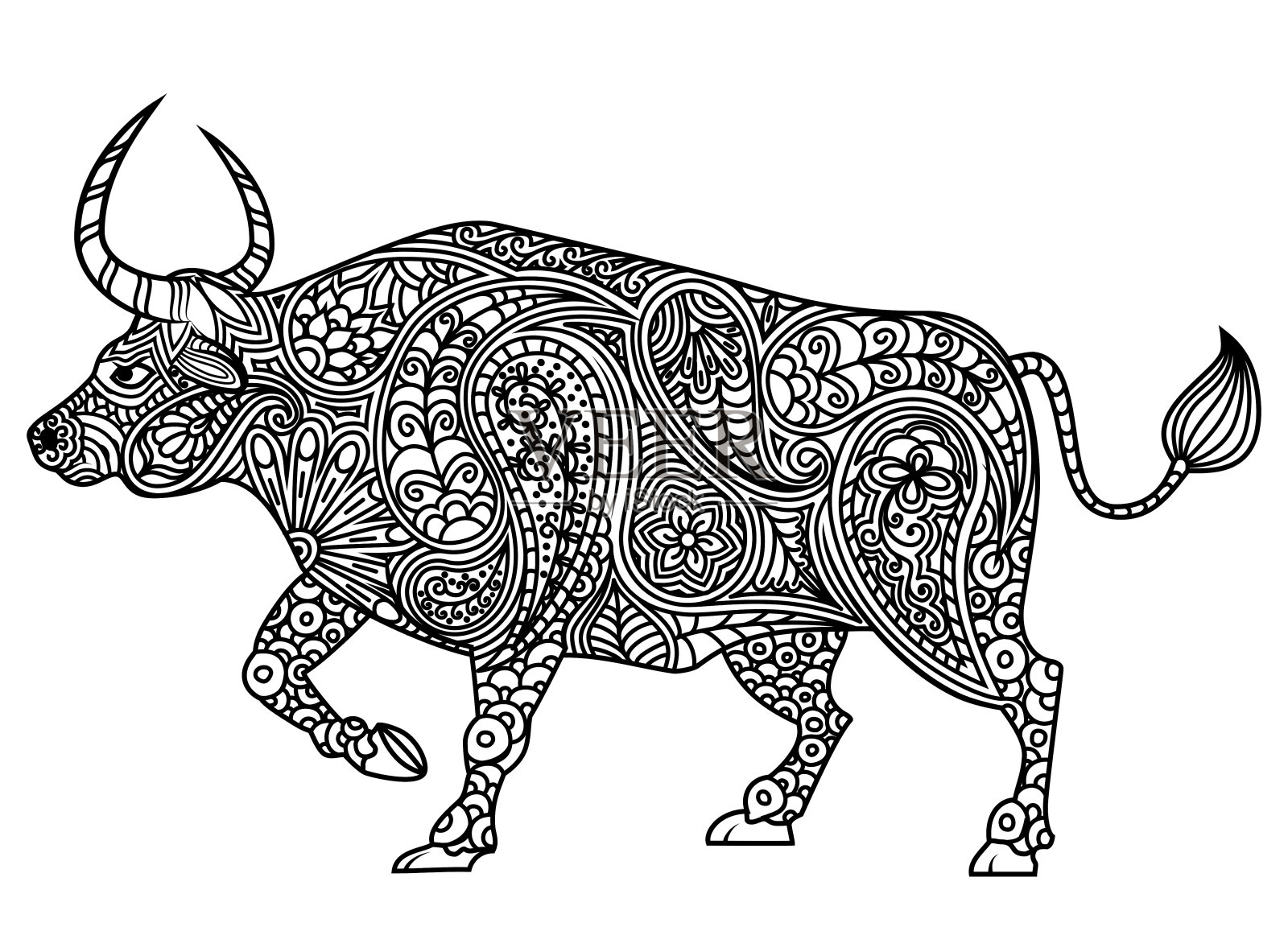 传统的牛的剪影和花卉民族佩斯利图案。装饰性的公牛。设计为中国新年2021年，牛年。动物着色模板。插画图片素材