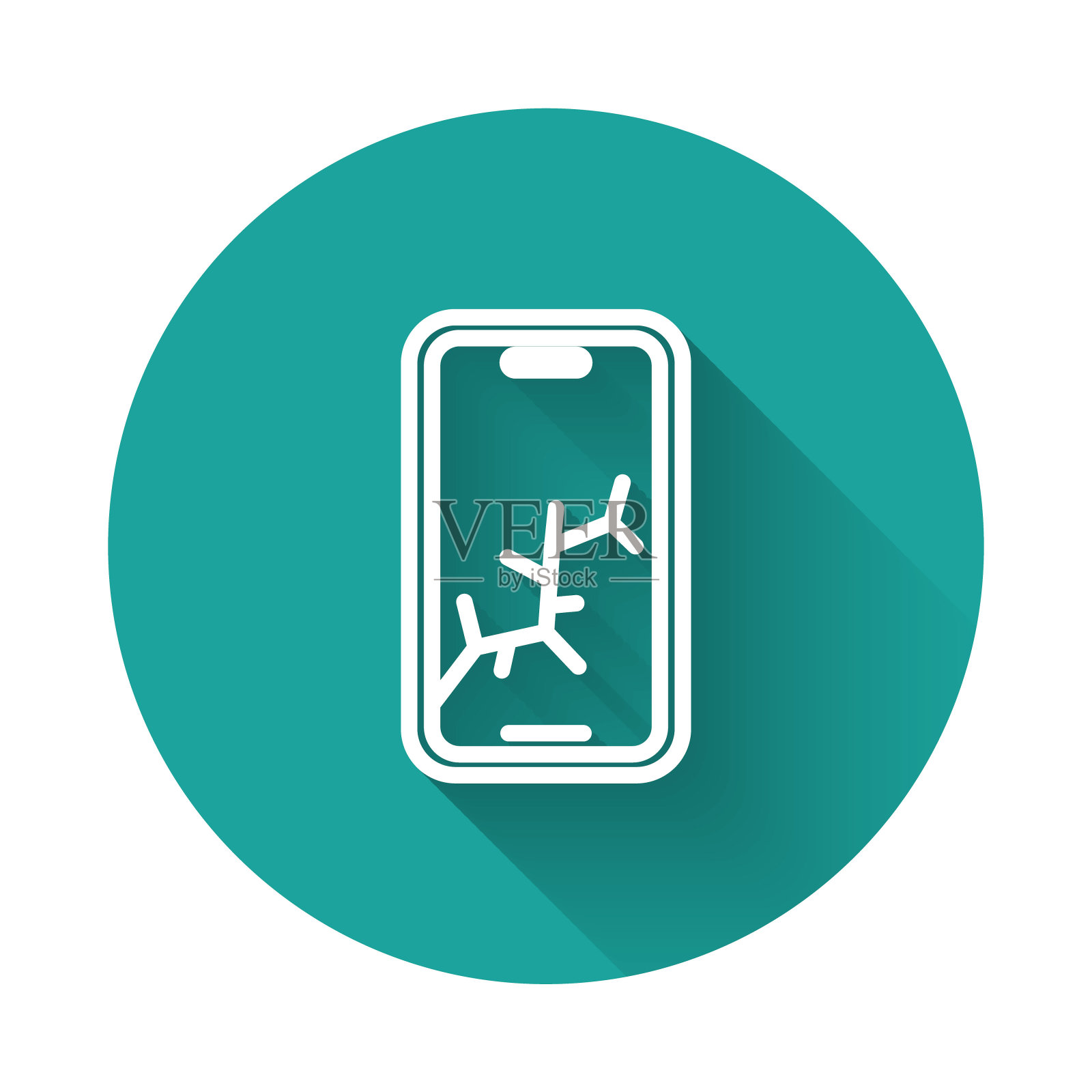 白线智能手机与破碎的屏幕图标孤立与长阴影背景。破碎的手机屏幕图标。绿色圆圈按钮。向量插画图片素材