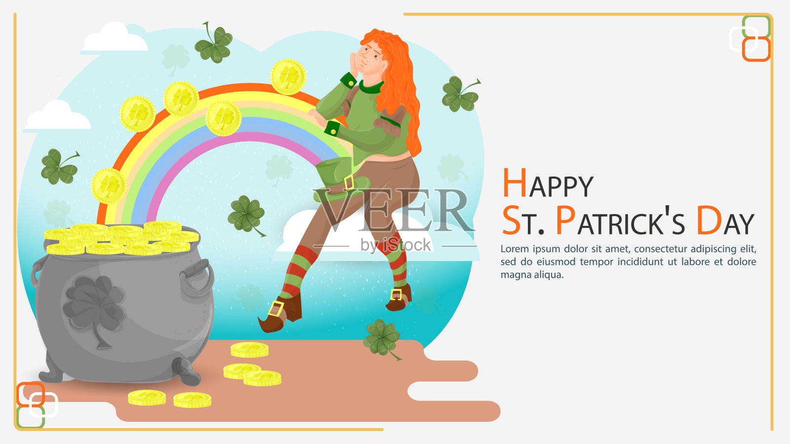以庆祝爱尔兰圣帕特里克节为主题的装饰设计的平面插图横幅，一个女孩骑在有彩虹的云朵上，金币从彩虹上滚出波尔卡圆点插画图片素材