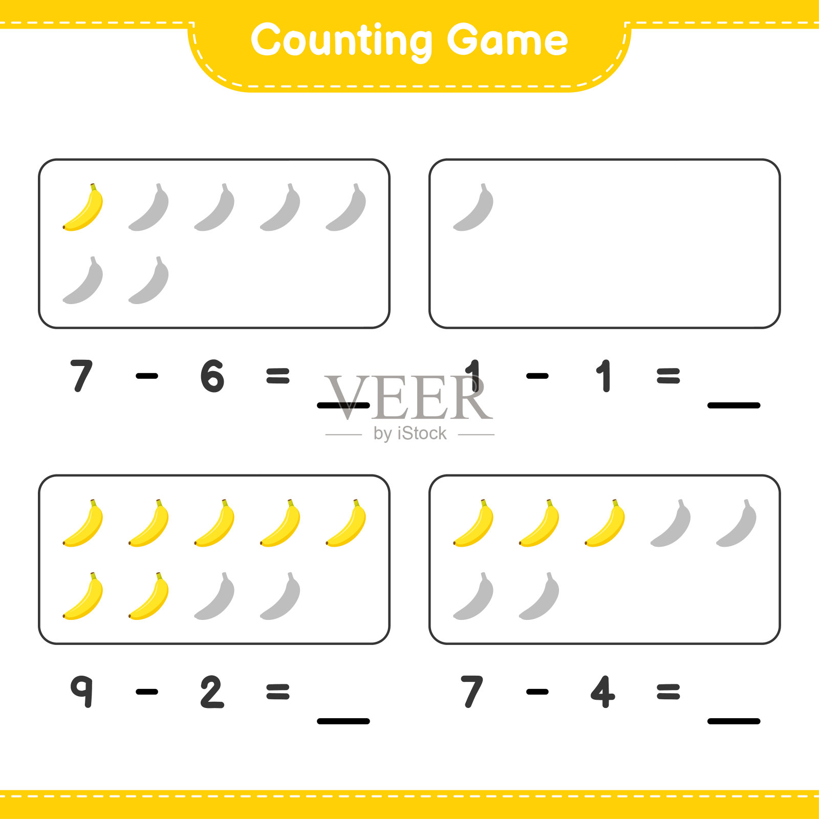 数数游戏，数数香蕉的数量并写出结果。教育儿童游戏，可打印的工作表，矢量插图插画图片素材