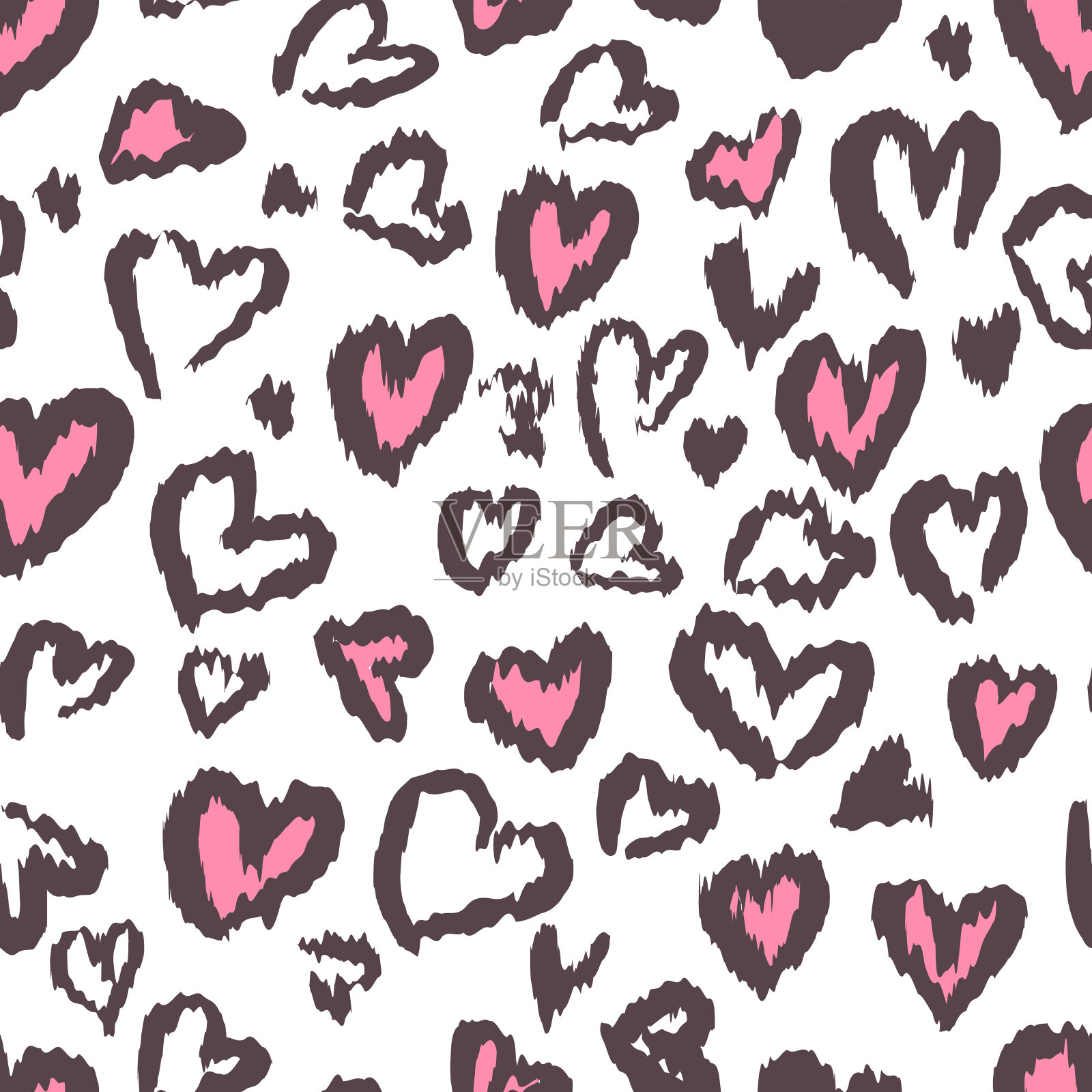 情人豹或猎豹无缝图案。时尚的动物图案。粉红斑点和深灰色心模仿美洲虎毛皮。矢量背景的纺织品，织物，壁纸，包装纸等插画图片素材