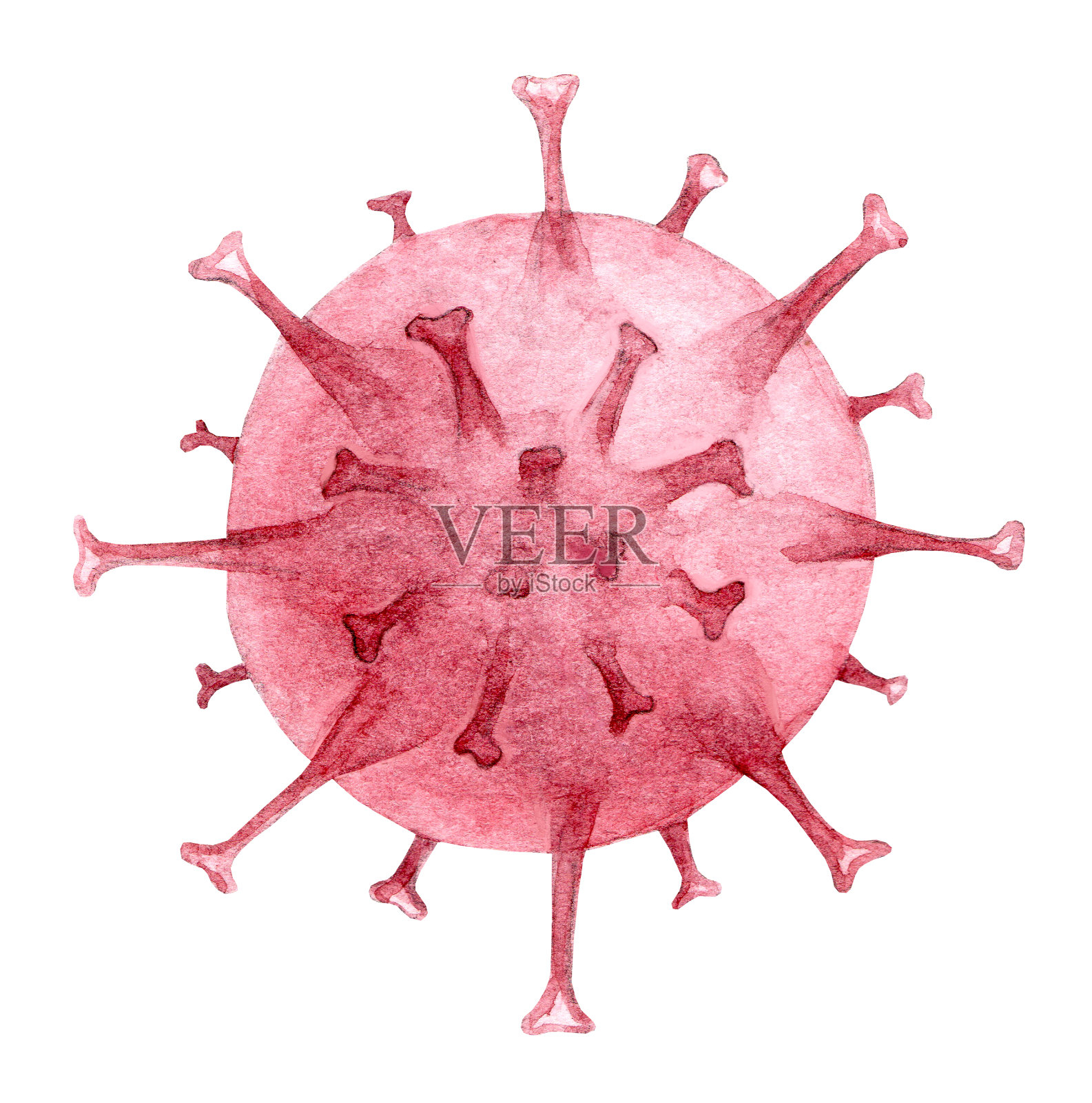 冠状病毒水彩画。在白色背景上隔离的病毒的水彩画图像。带有斑点和中风的红色病毒。插画图片素材
