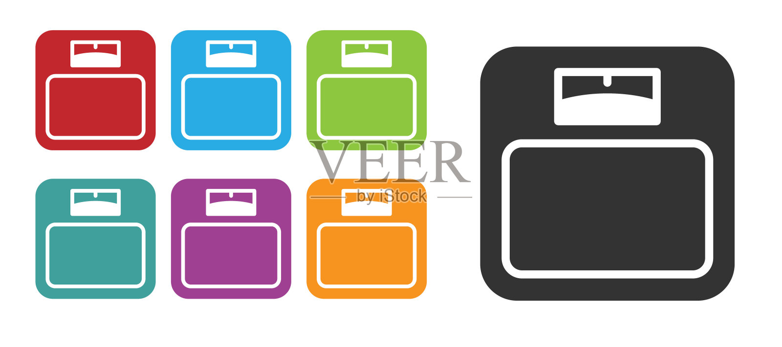 黑色浴室天平图标孤立在白色背景。体重测量设备。体重秤健身运动概念。设置图标丰富多彩。向量图标素材