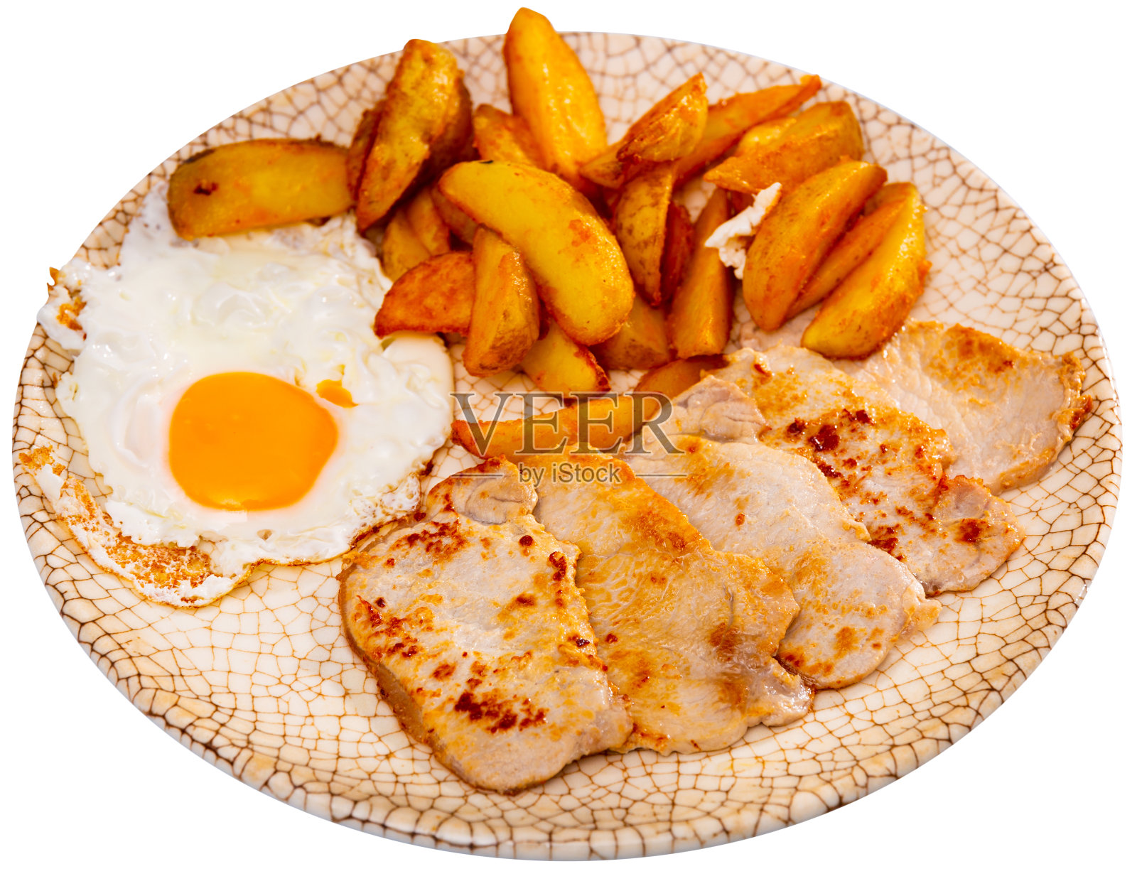 烹饪方法:美国烤猪肉炒蛋，盛在盘子里，摆在桌上照片摄影图片