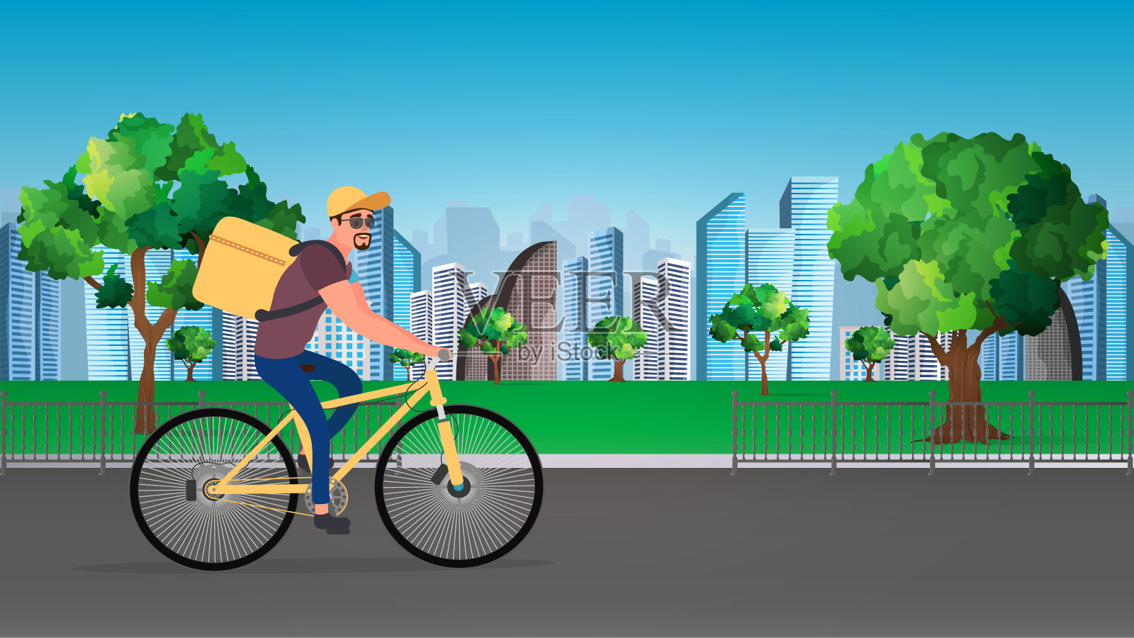 自行车送餐。一个骑自行车的人在公园里骑车。自行车交付的概念。矢量插图。插画图片素材