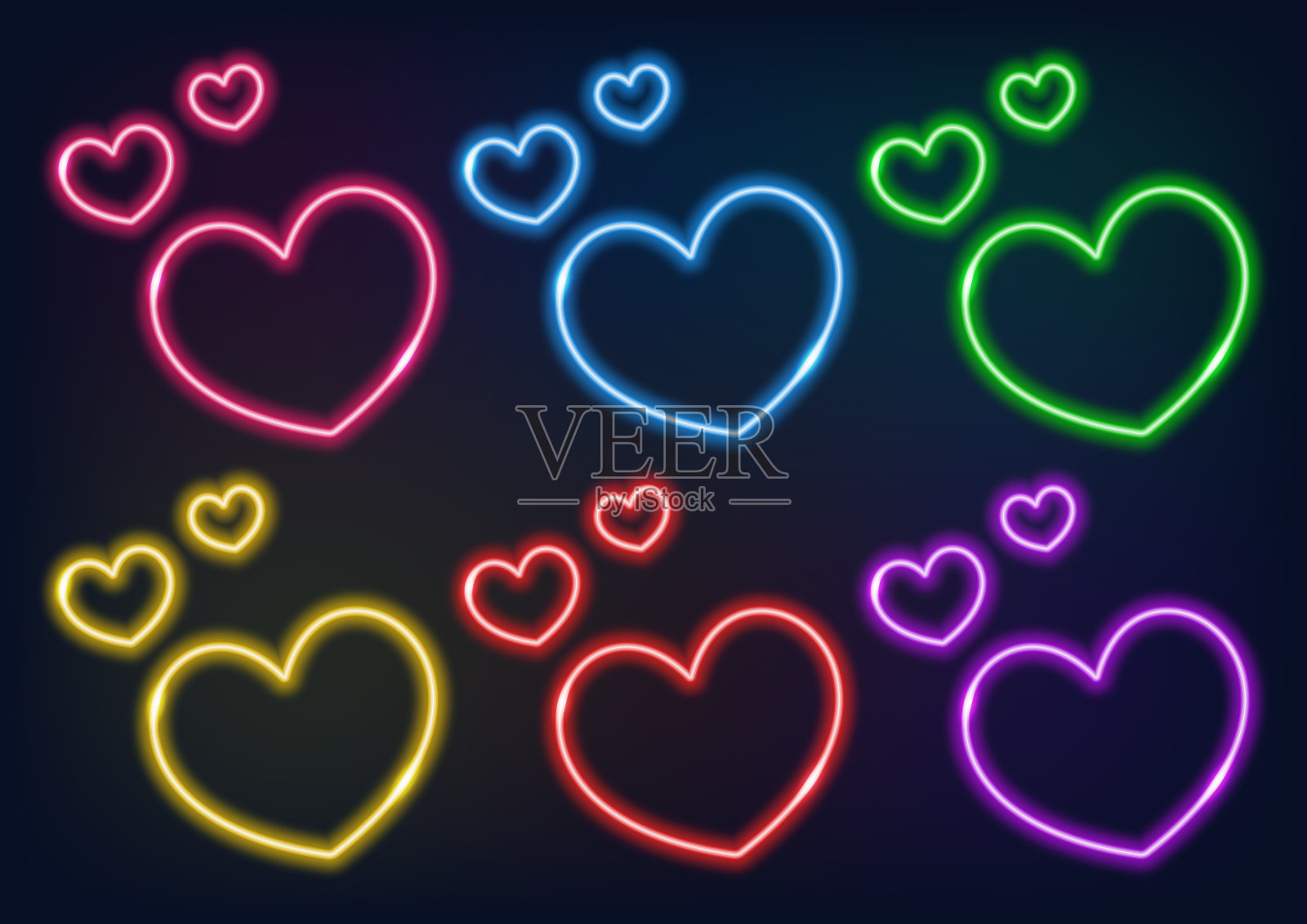 霓虹灯框架。一套不同颜色的霓虹灯心。在黑色背景上的激光发光线。爱的象征。插画图片素材