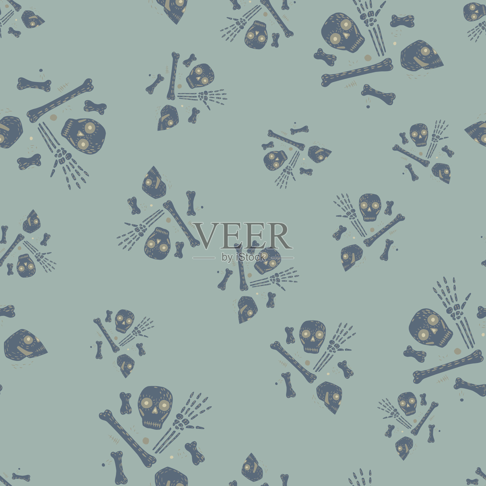 无缝随机模式与恐怖的恐怖头骨和骨骼轮廓。蓝白背景。死亡的背景。插画图片素材