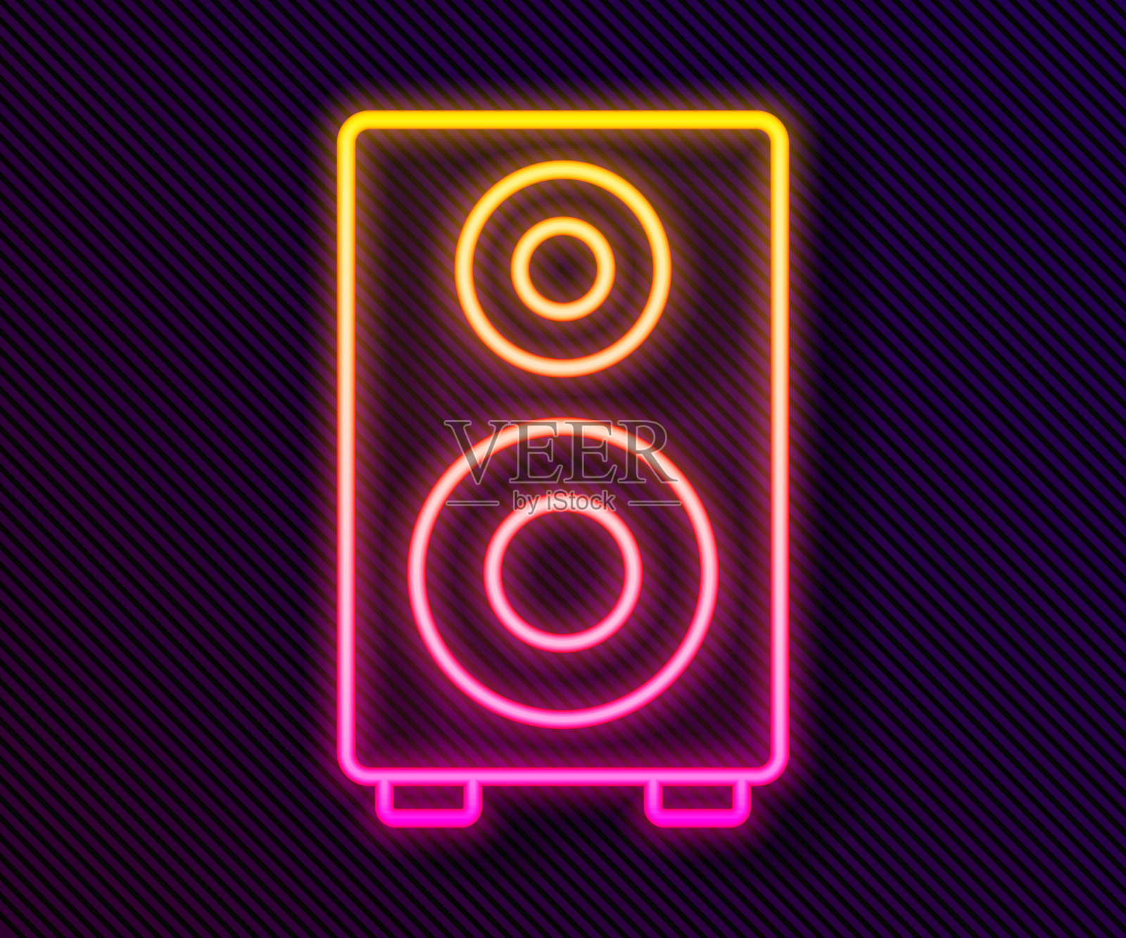 发光的霓虹灯线立体声扬声器图标孤立在黑色背景。音响系统扬声器。音乐图标。音乐圆柱扬声器低音设备。向量插画图片素材
