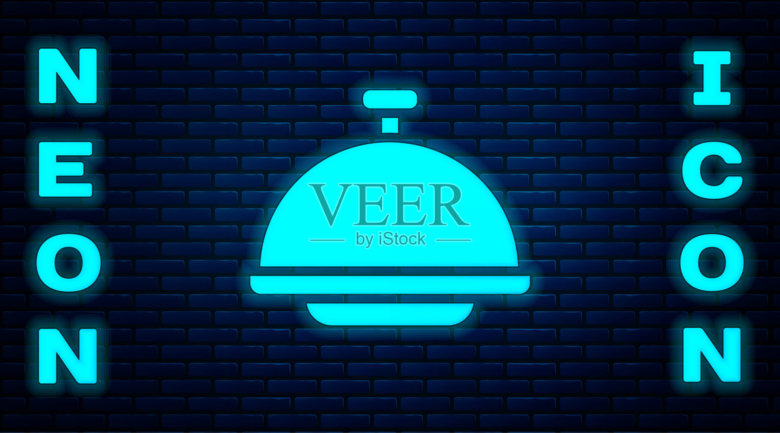 在砖墙的背景上有一盘食物的图标。托盘和盖子标志。带有盖子的餐厅钟摆。向量插画图片素材