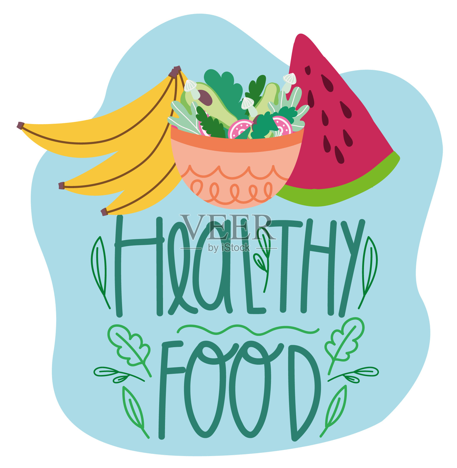 健康食品沙拉水果香蕉西瓜，手写字母插画图片素材