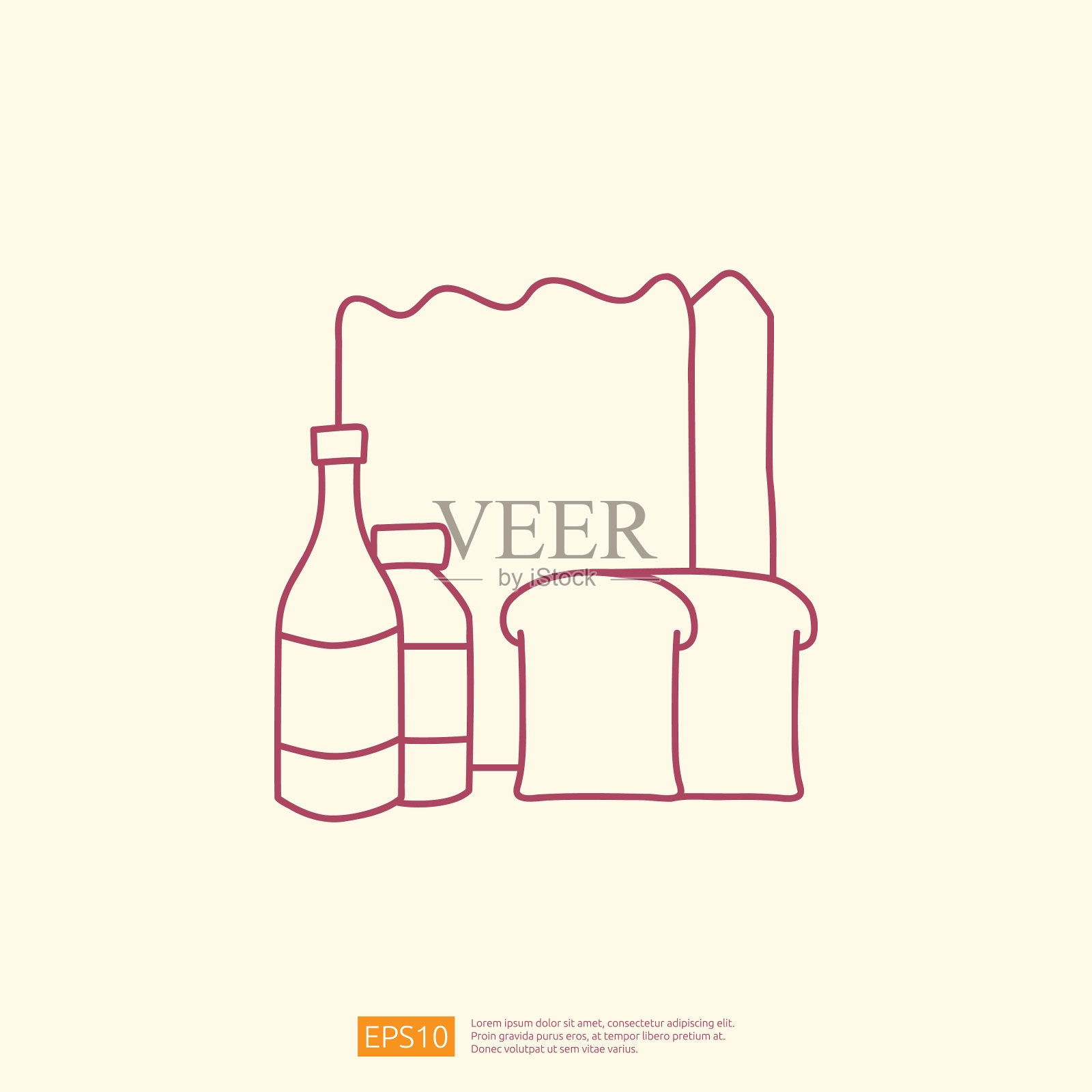 食品包装配送服务概念图标。杂货纸与面包和瓶子线涂鸦风格图标矢量插图插画图片素材