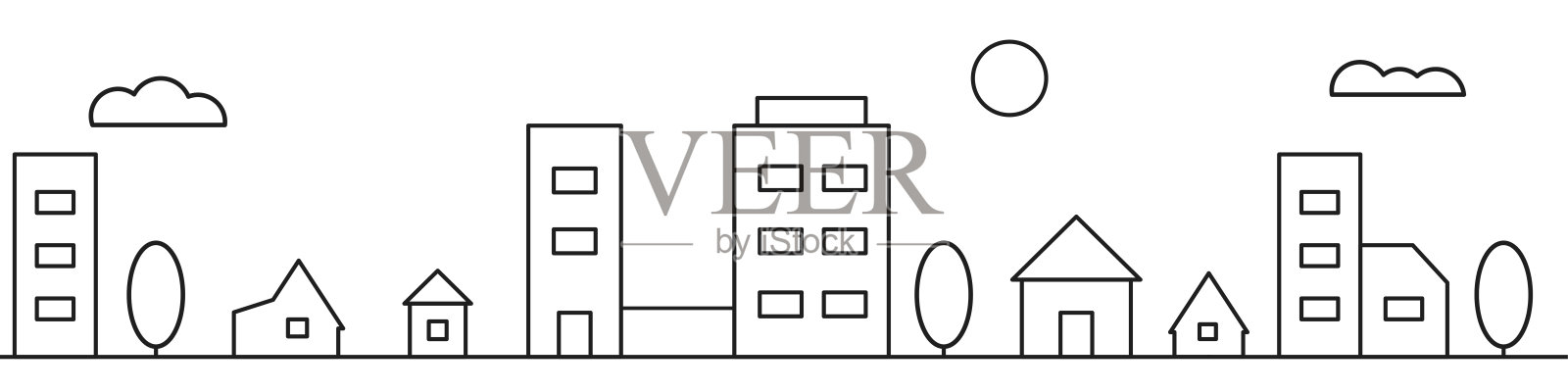 城市景观采用线性风格。城市全景。矢量图插画图片素材