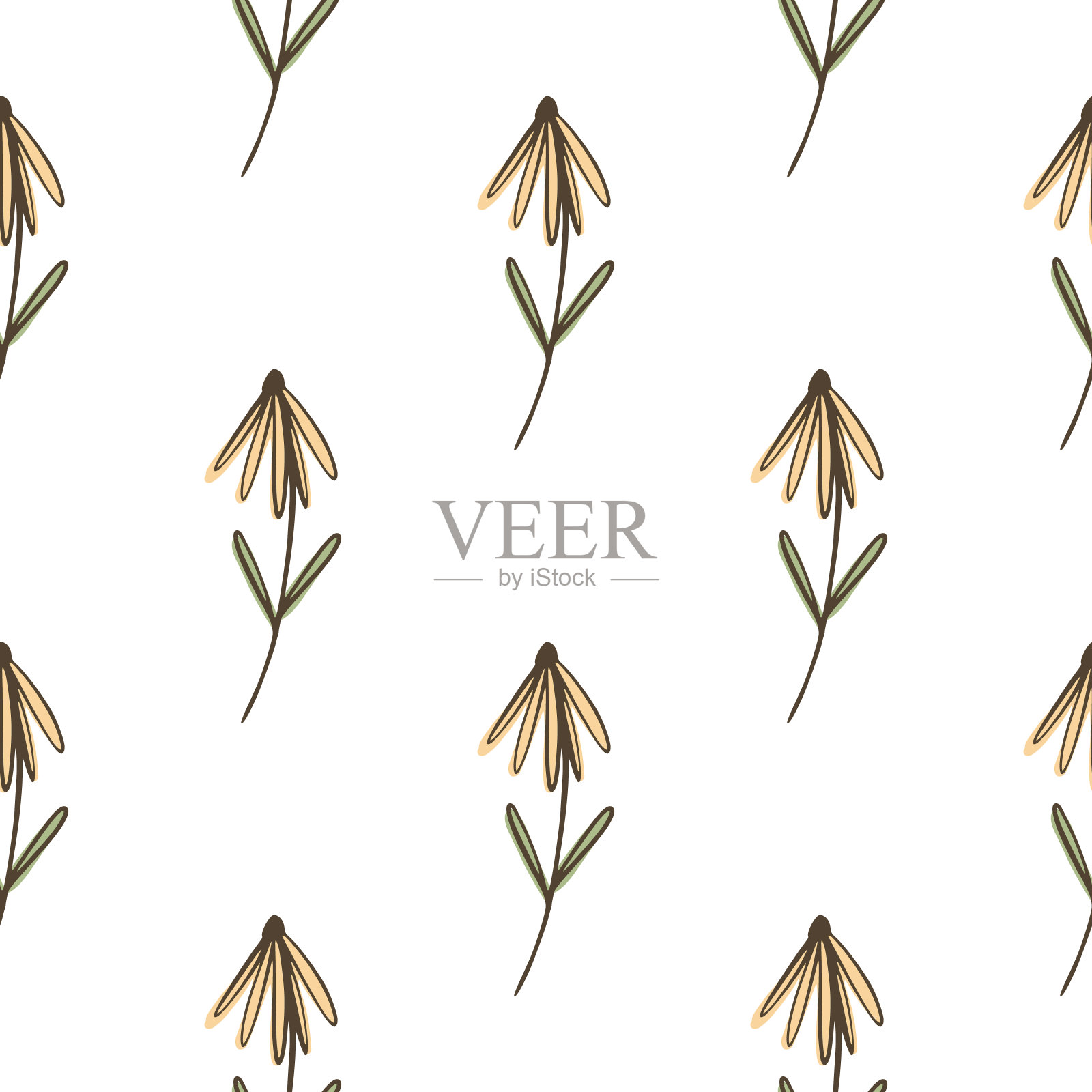 植物学无缝的图案与棕色轮廓彩色的花形状。白色背景。的打印。插画图片素材