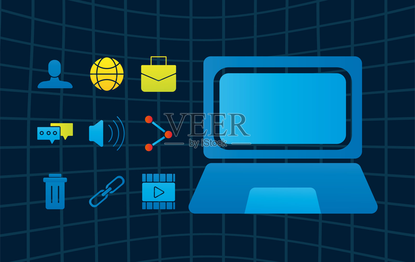 捆绑9社交媒体营销集图标和笔记本电脑插画图片素材