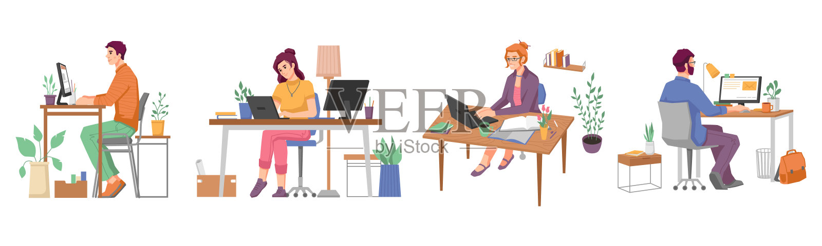 自由职业者和在家办公的远程工作者有桌子，电脑或笔记本电脑和文书工作。隔离期间的远程工作人员。卡通人物，矢量在平面风格插画图片素材