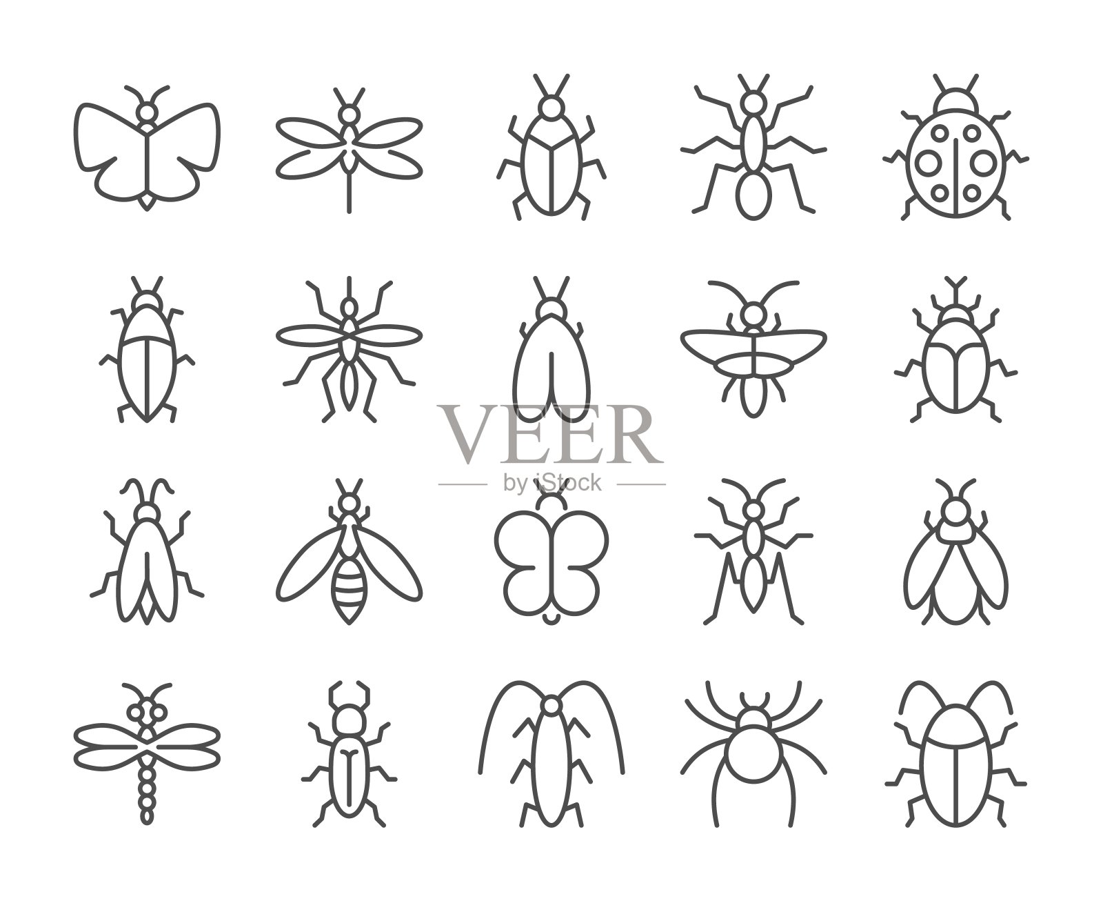 昆虫图标。bug行图标集。矢量插图。可编辑的中风。图标素材