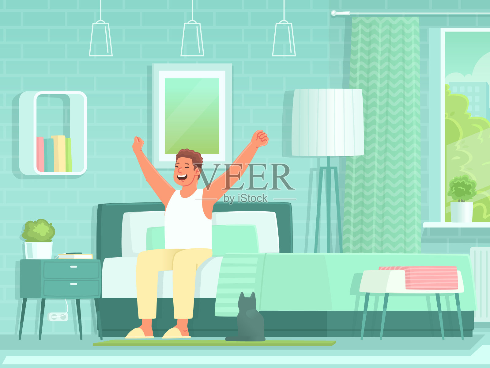 快乐的人早上醒来，坐在卧室的床上伸懒腰。从睡梦中醒来插画图片素材