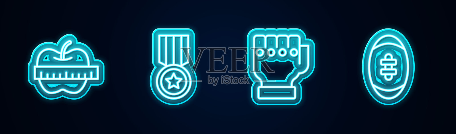 设线苹果、卷尺、奖章、综合格斗手套、美式足球。发光的霓虹灯图标。向量插画图片素材