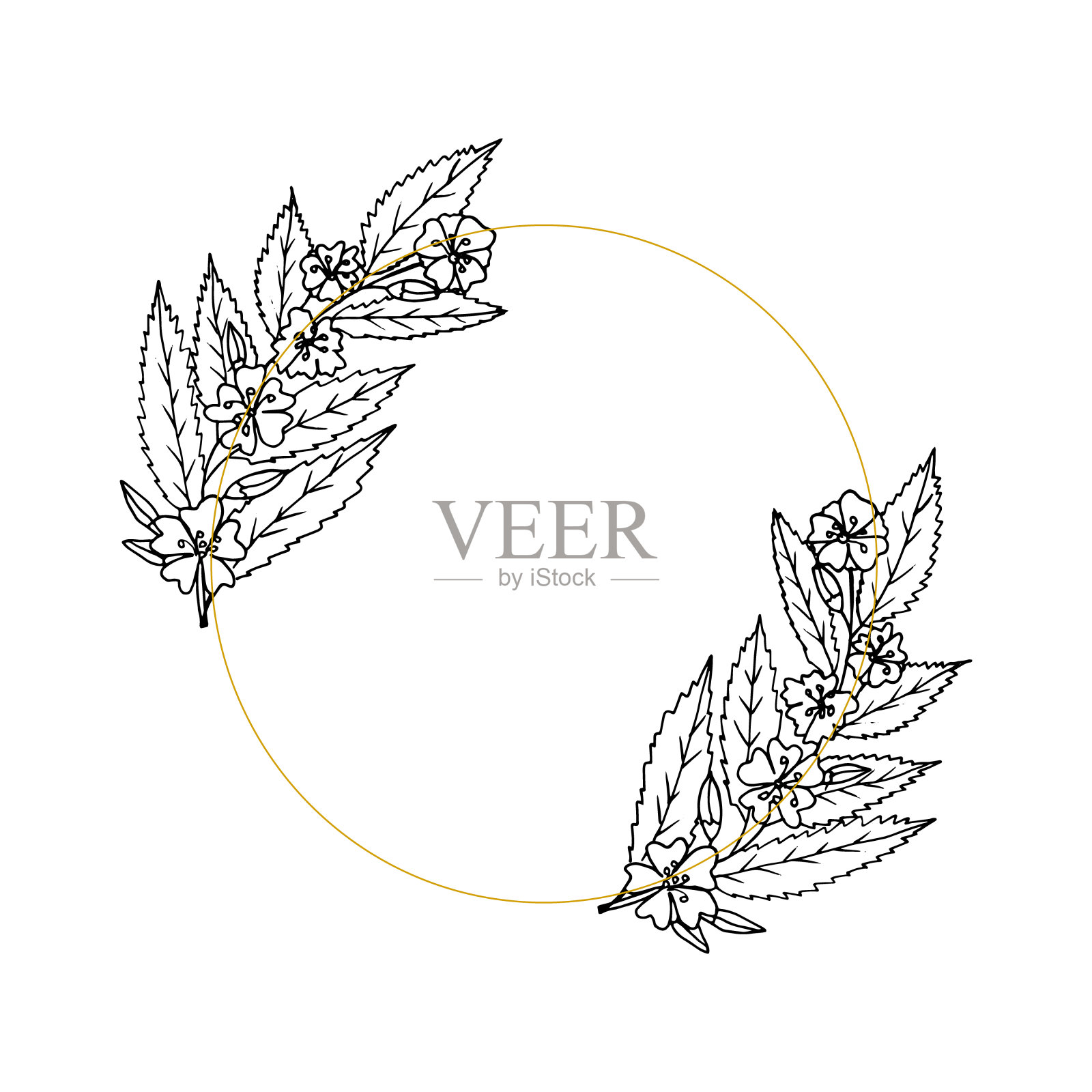 花圆形框架，边框，卡片与地方的文字。手绘涂鸦风格的素描。单色的极简主义。春天，花开，百花盛开，夏天，喜结连理。插画图片素材