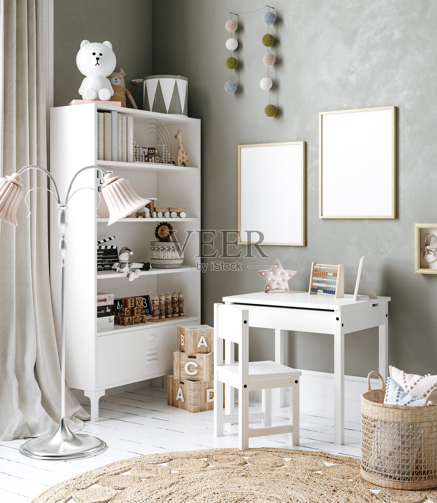 模拟框架在舒适的托儿所室内背景，斯堪的纳维亚风格照片摄影图片