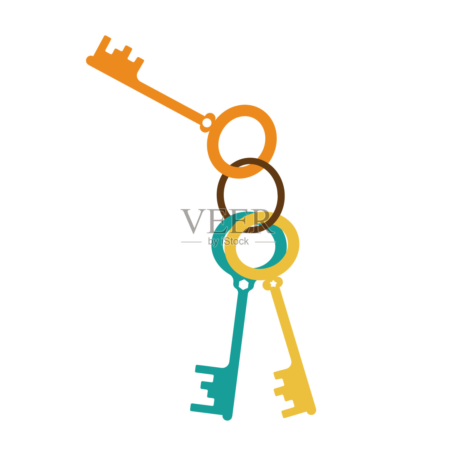 钥匙链有3个不同颜色和风格的钥匙，绿色，黄色和橙色在白色的背景插画图片素材