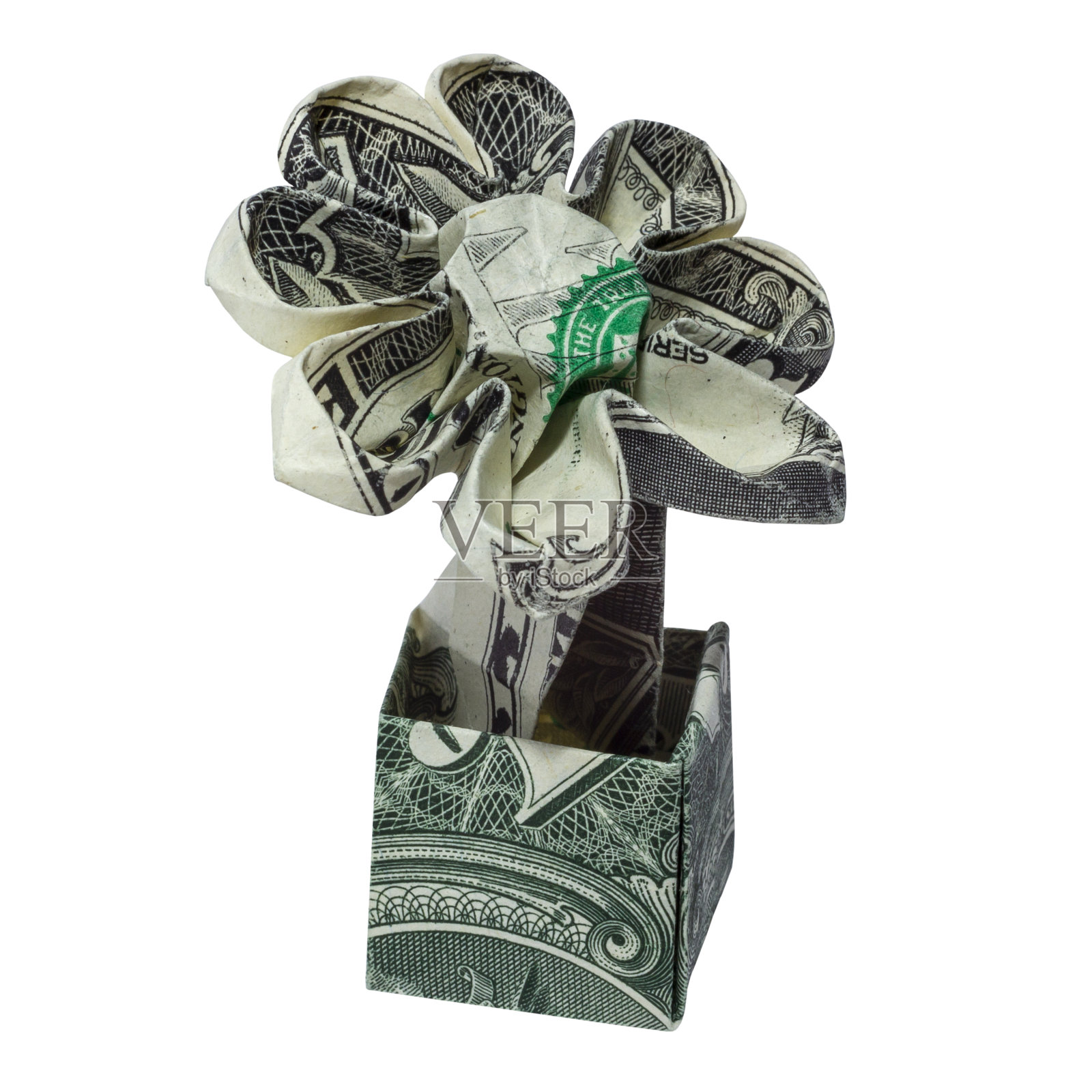 钱折纸花在壶的右侧折叠与真正的一美元钞票孤立在白色背景照片摄影图片