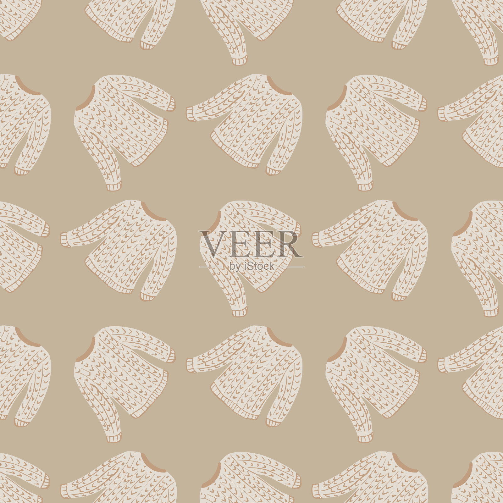 复古无缝模式与轻色调毛衣舒适的印花。米色柔和的背景。插画图片素材