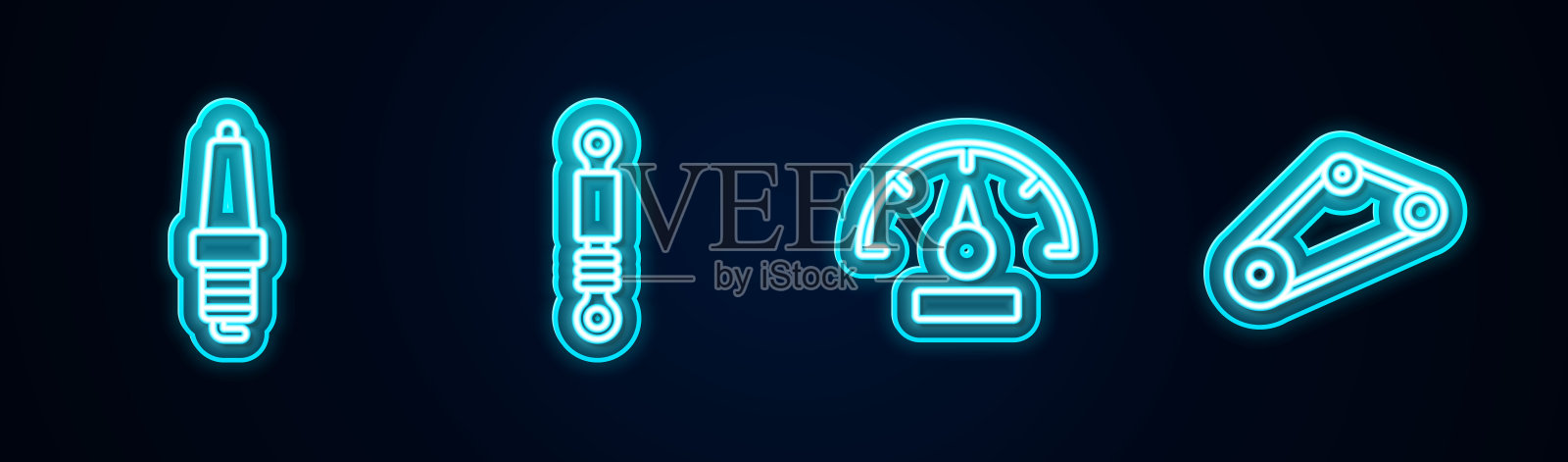 成套汽车火花塞，减震器，速度计，同步带套件。发光的霓虹灯图标。向量插画图片素材