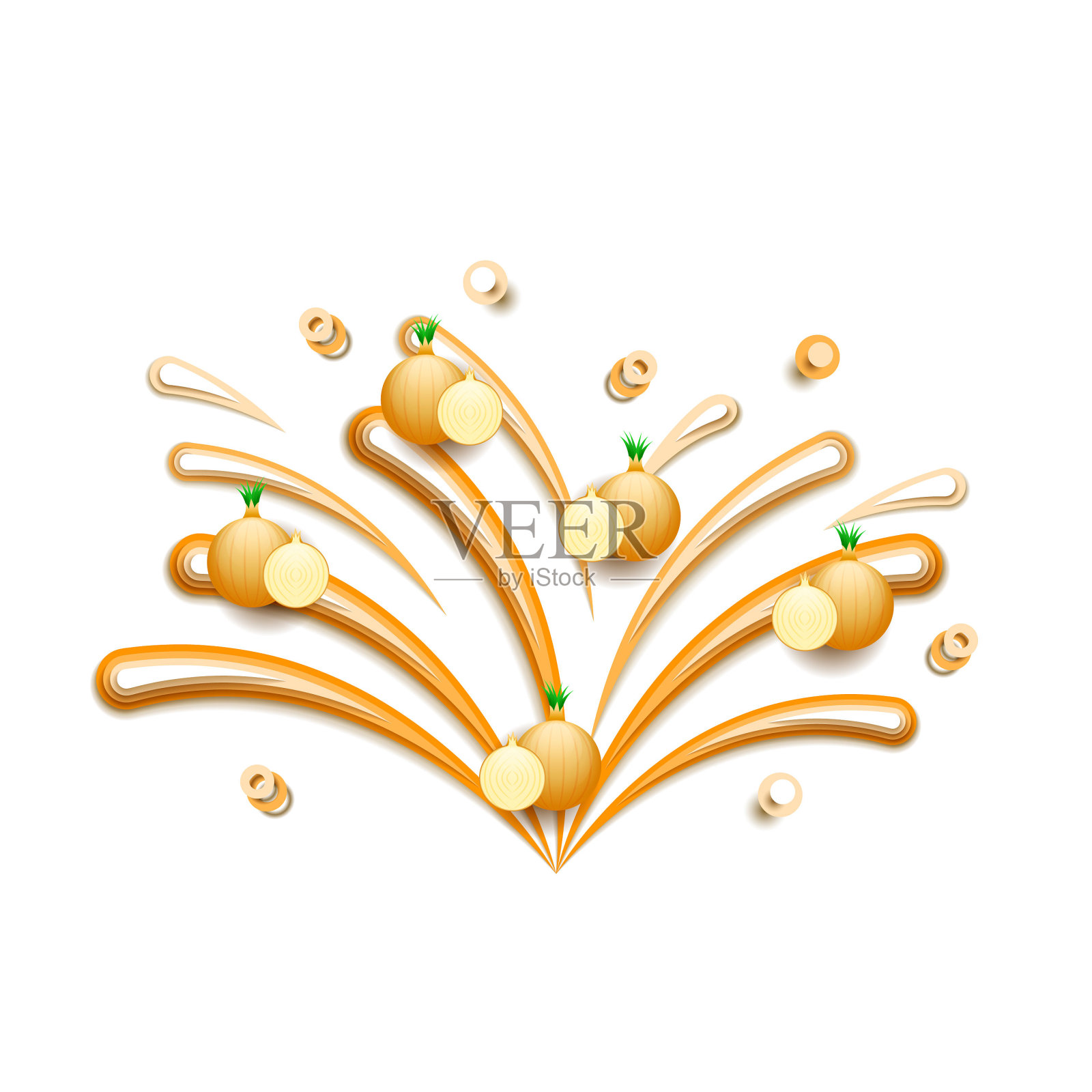 抽象剪纸插图水飞溅滴颜色橙色与洋葱背景矢量设计风格插画图片素材