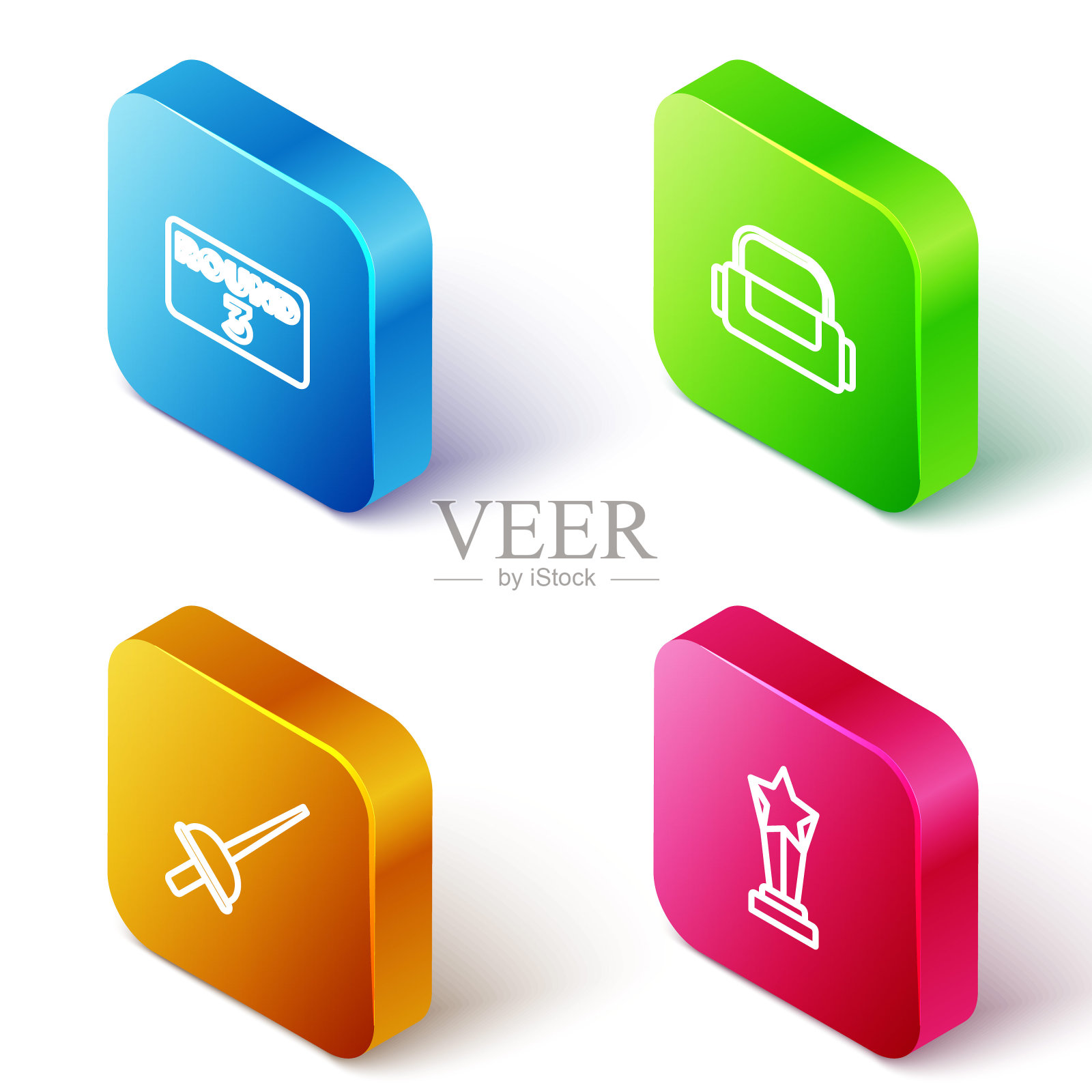 设置等距线拳击环板，运动包，击剑和奖杯图标。向量图标素材