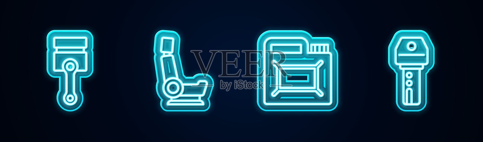 设置线发动机活塞，汽车座椅，机油罐和钥匙与遥控器。发光的霓虹灯图标。向量图标素材