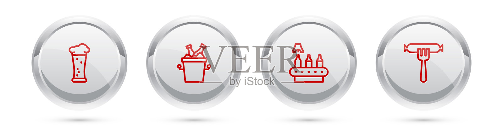啤酒杯，啤酒瓶冰桶，传送带，香肠叉。银圈按钮。向量插画图片素材