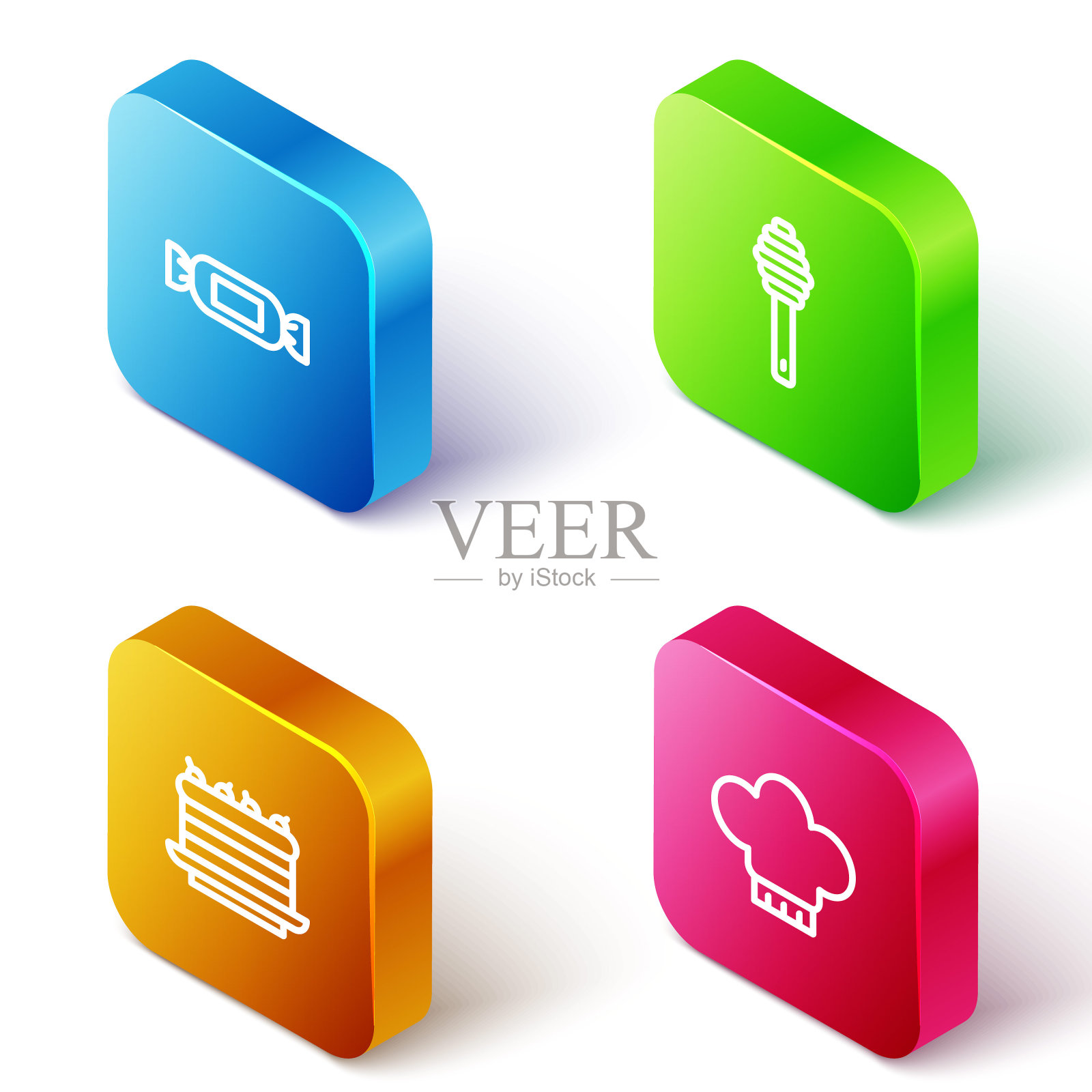 设置等距线糖果，蜂蜜斗棒，蛋糕和厨师帽子图标。向量图标素材