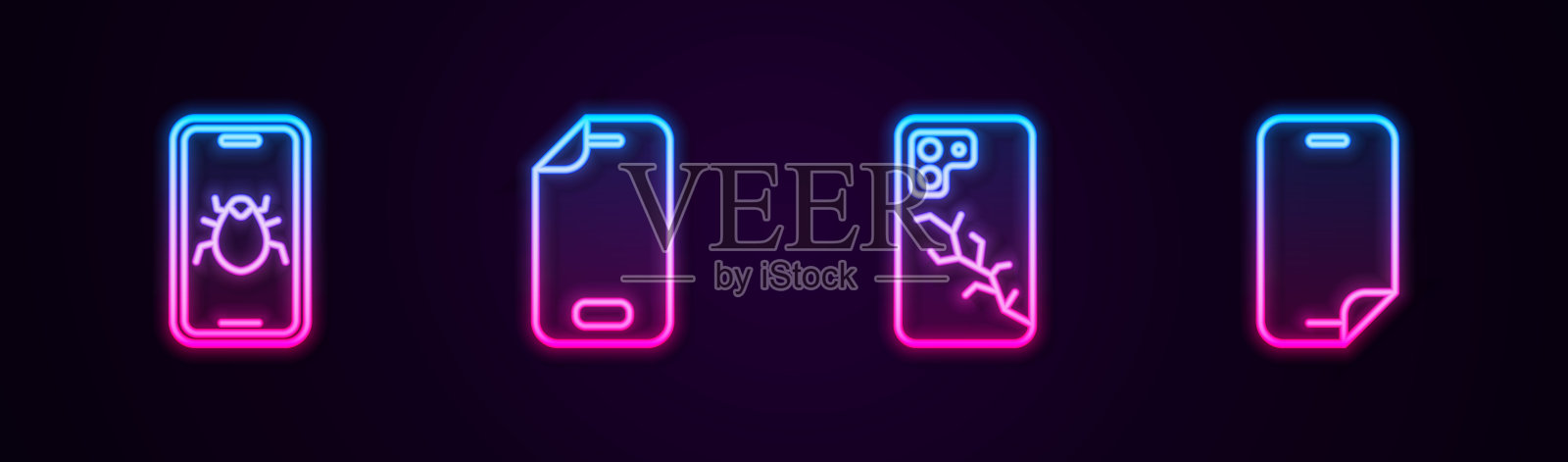 手机系统故障，玻璃屏幕保护器，手机破损。发光的霓虹灯图标。向量图标素材