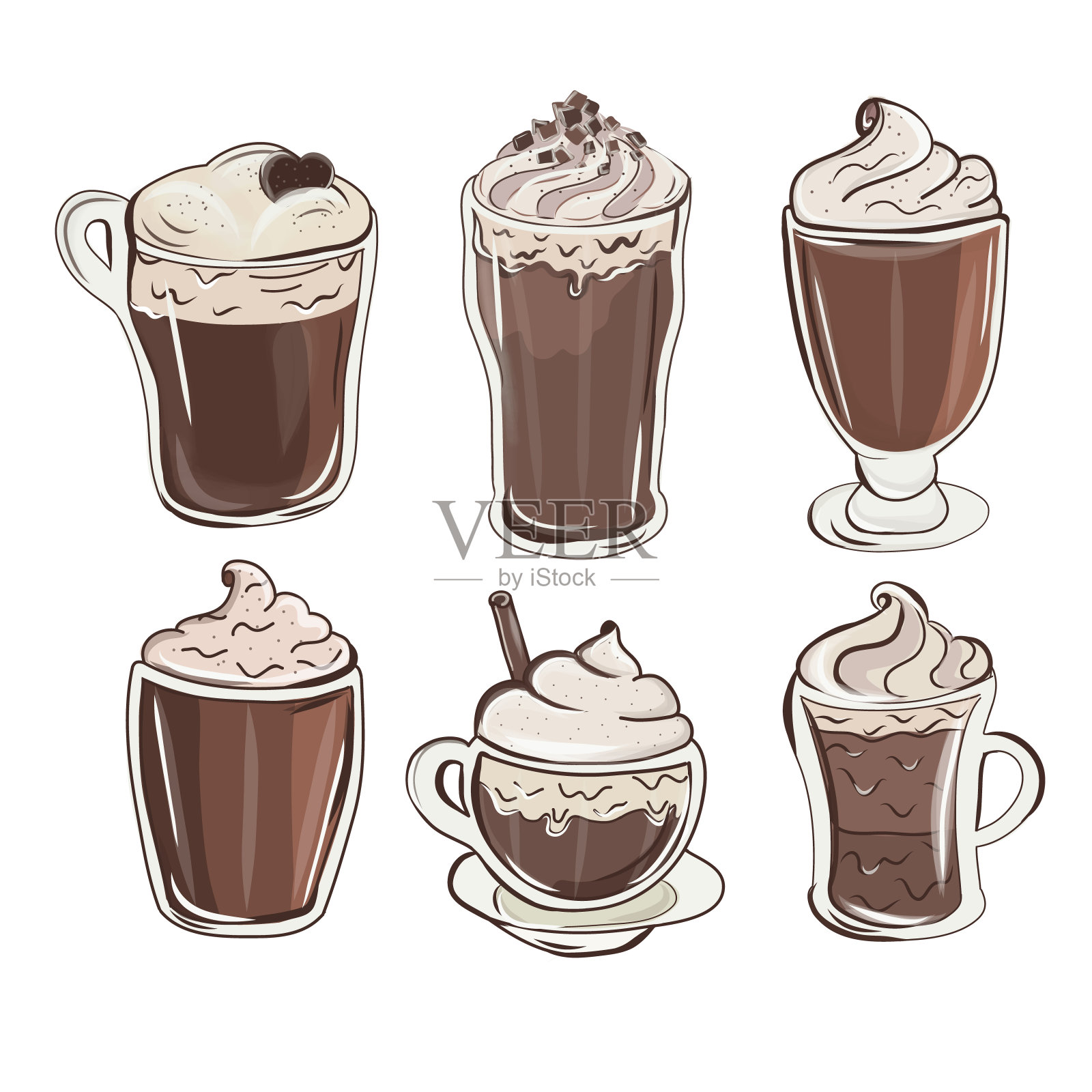 设计色彩斑斓的奶昔。可爱的巧克力奶昔。清凉夏日饮品套装。纸杯蛋糕，奶昔，冰淇淋和热巧克力。插画图片素材