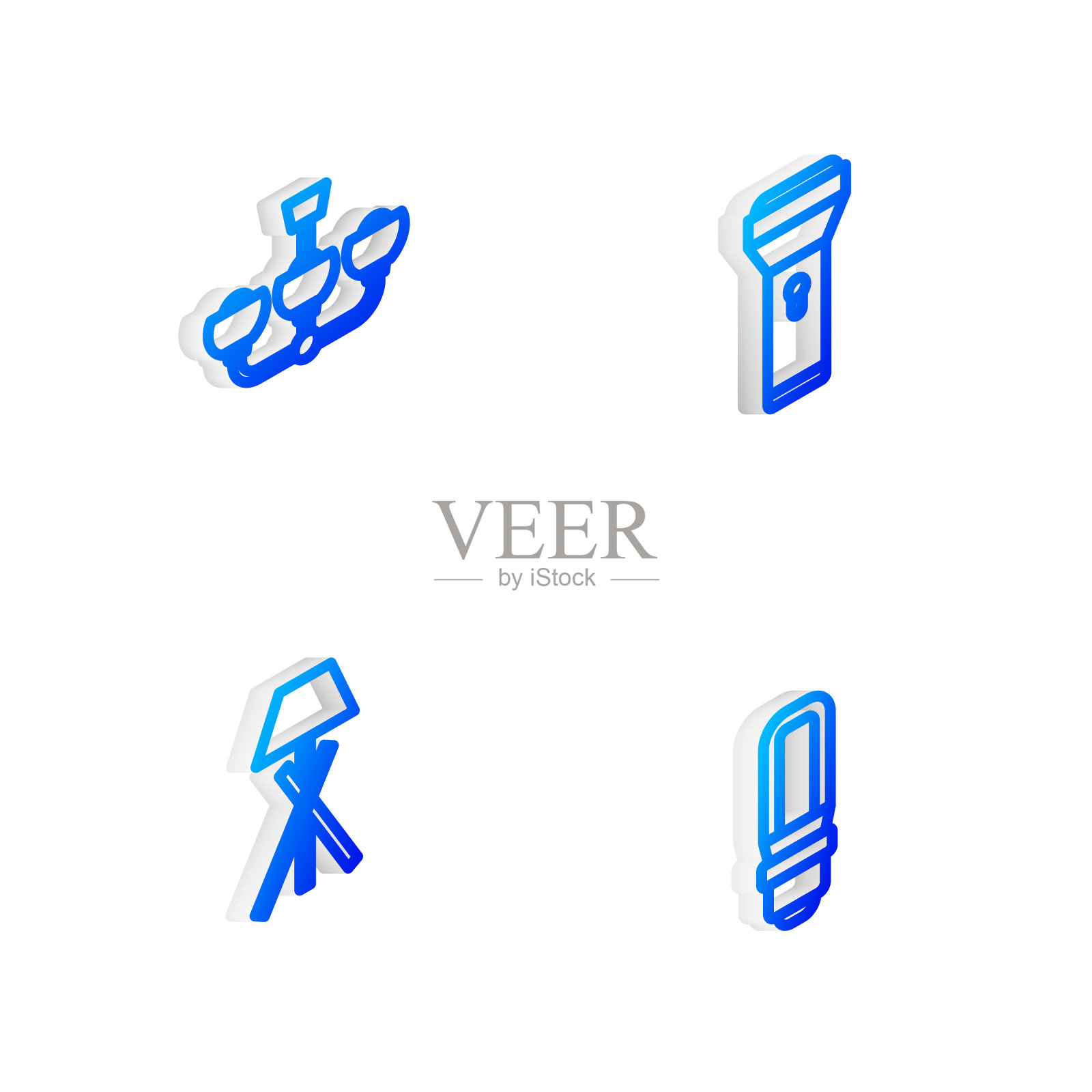 设置等距线手电筒，吊灯，落地灯和LED灯泡图标。向量图标素材