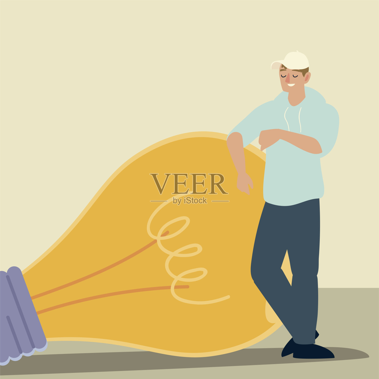 男孩与巨大的灯泡想法和创意设计插画图片素材