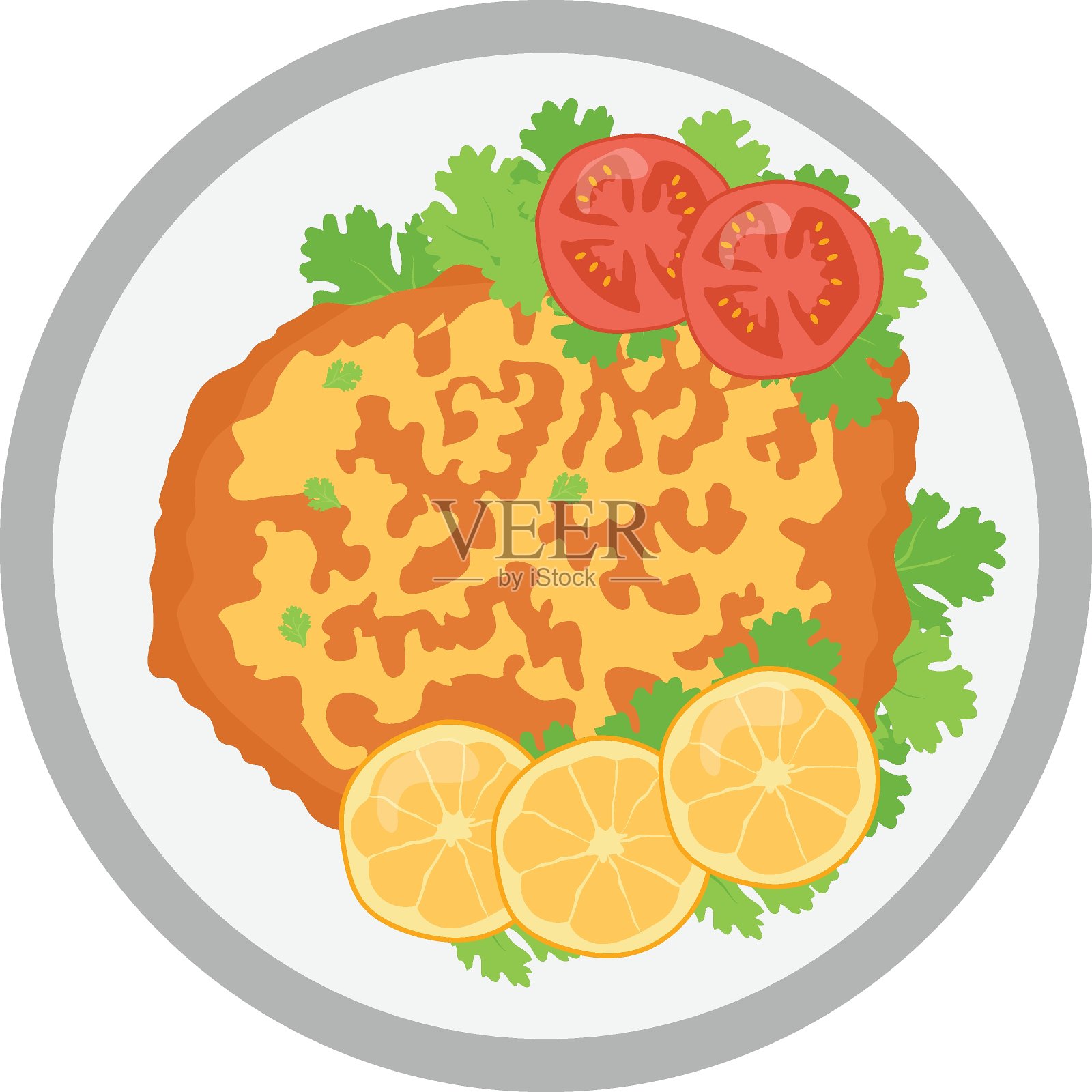 在盘子上装饰柠檬和欧芹的维也纳炸肉排概念，标志，奥地利国菜标志，传统烹饪标志，美食烹饪和餐厅菜单插画图片素材